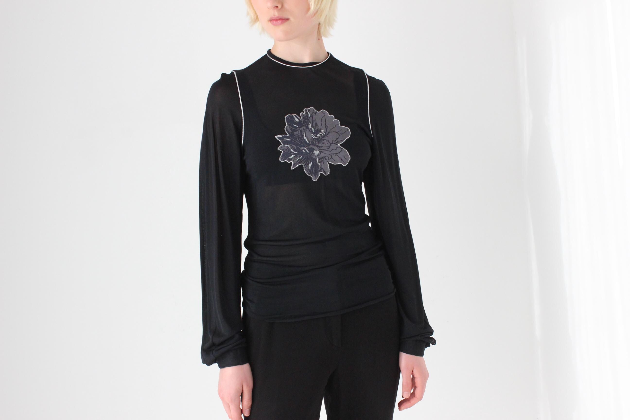 70s Francoise Italy Flower Decal Slinky Mesh Jersey Top