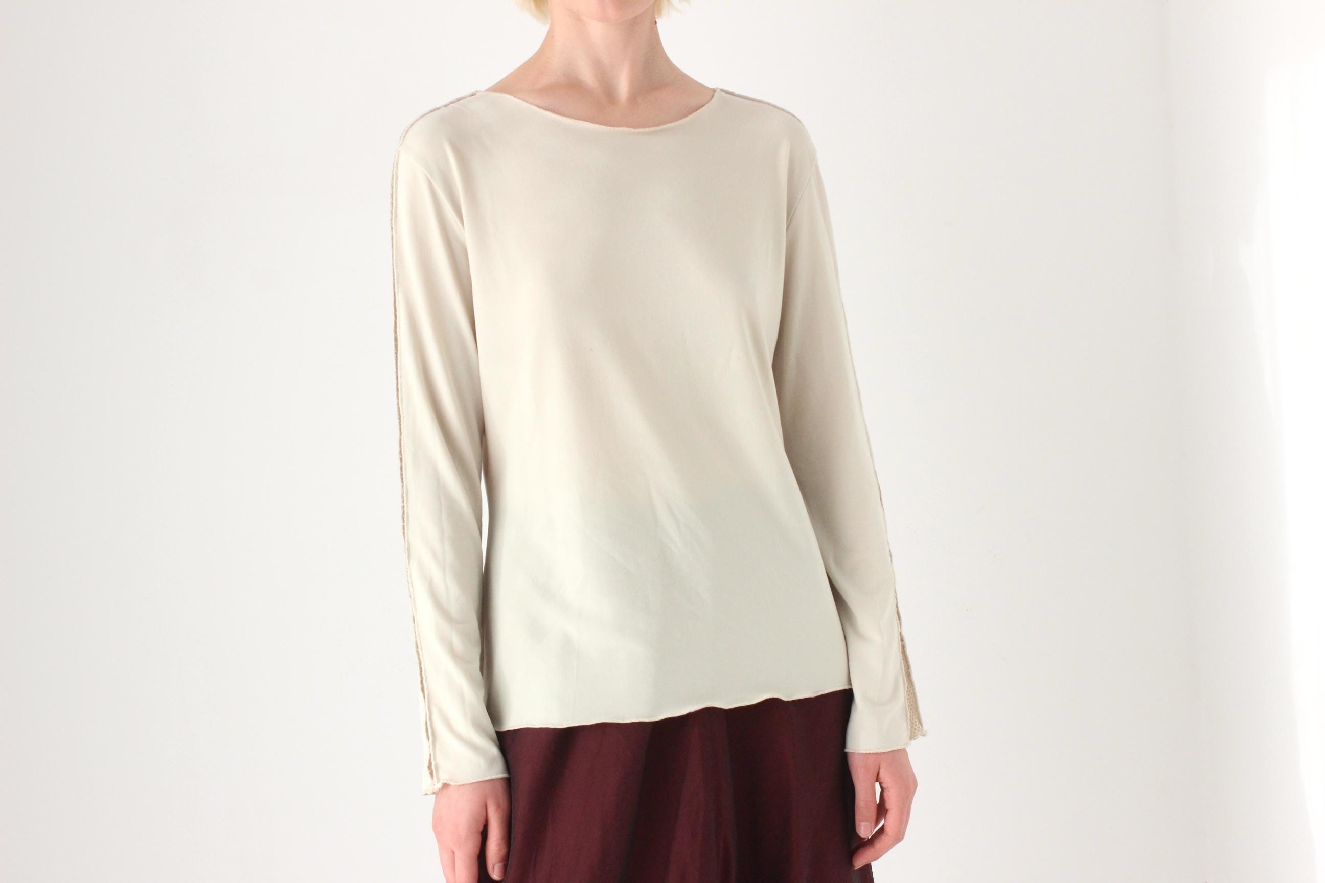 Minimal 90s Beige Jersey Long Sleeve Top w/ Fishnet Mesh Inserts