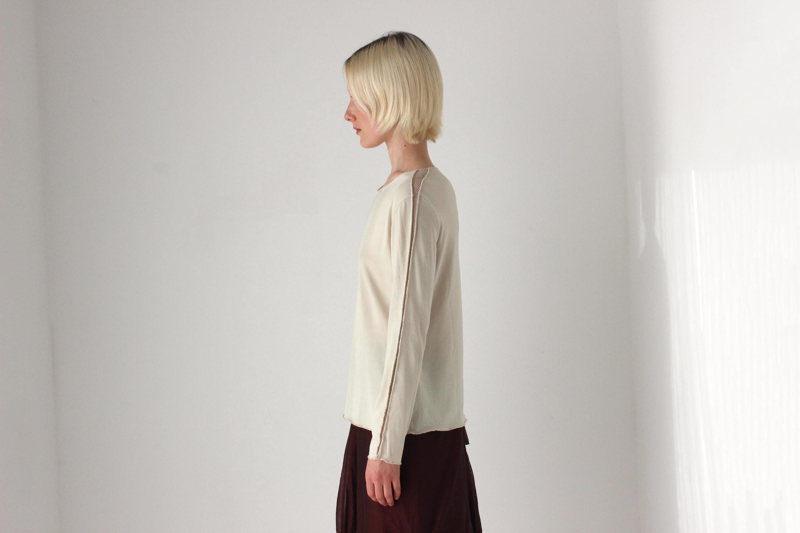 Minimal 90s Beige Jersey Long Sleeve Top w/ Fishnet Mesh Inserts