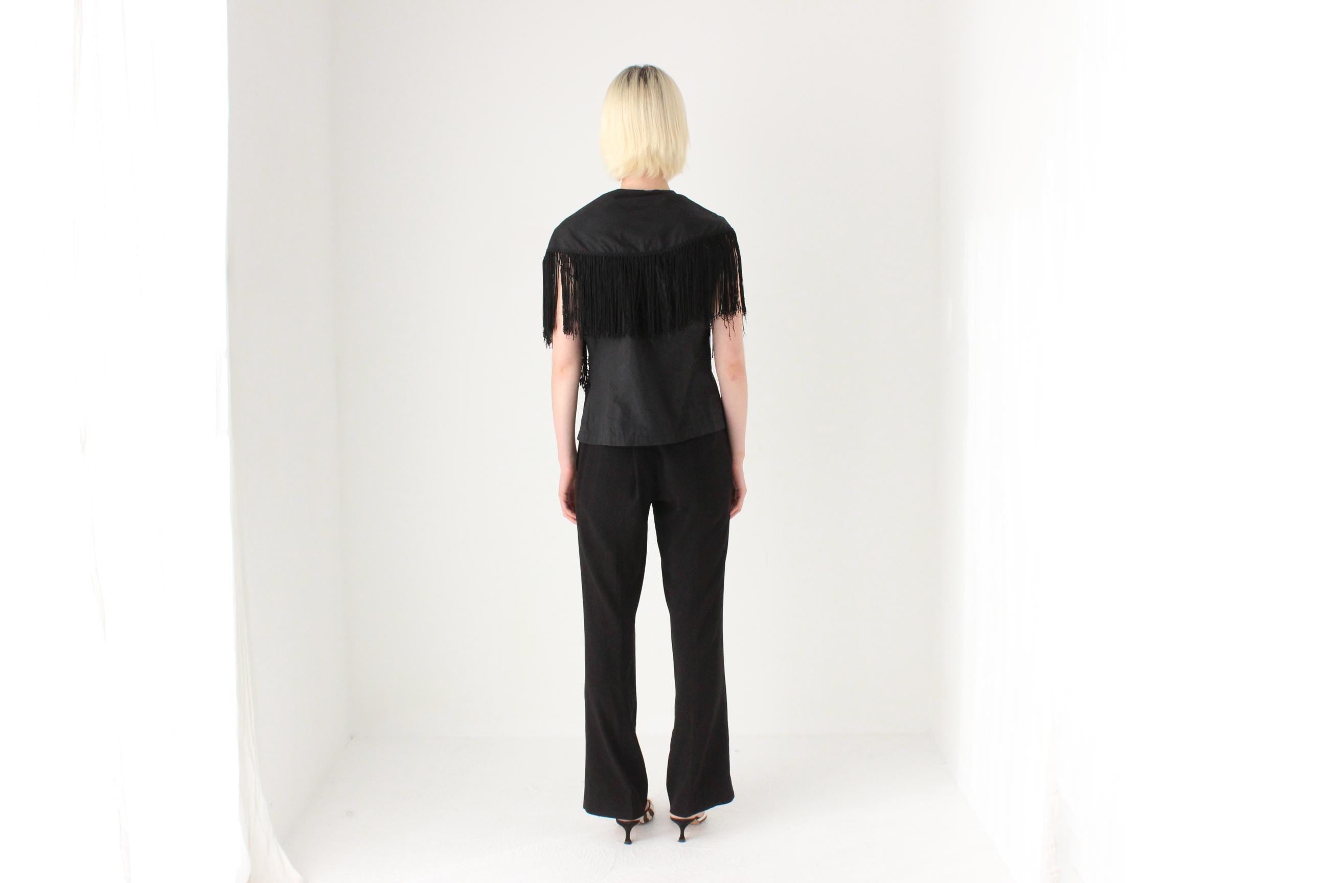 80s Black Cotton Fringe Collar / Cape Top