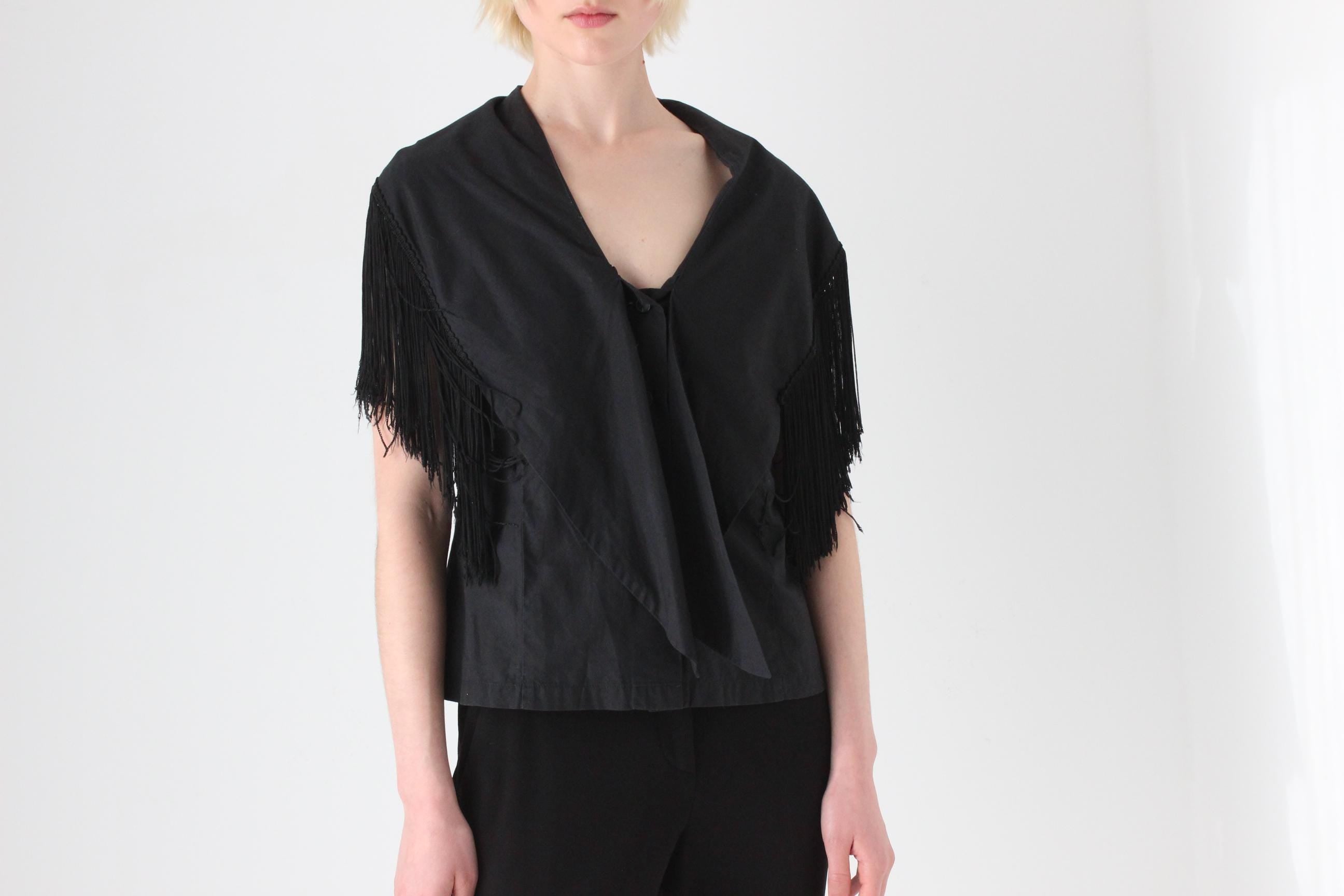 80s Black Cotton Fringe Collar / Cape Top