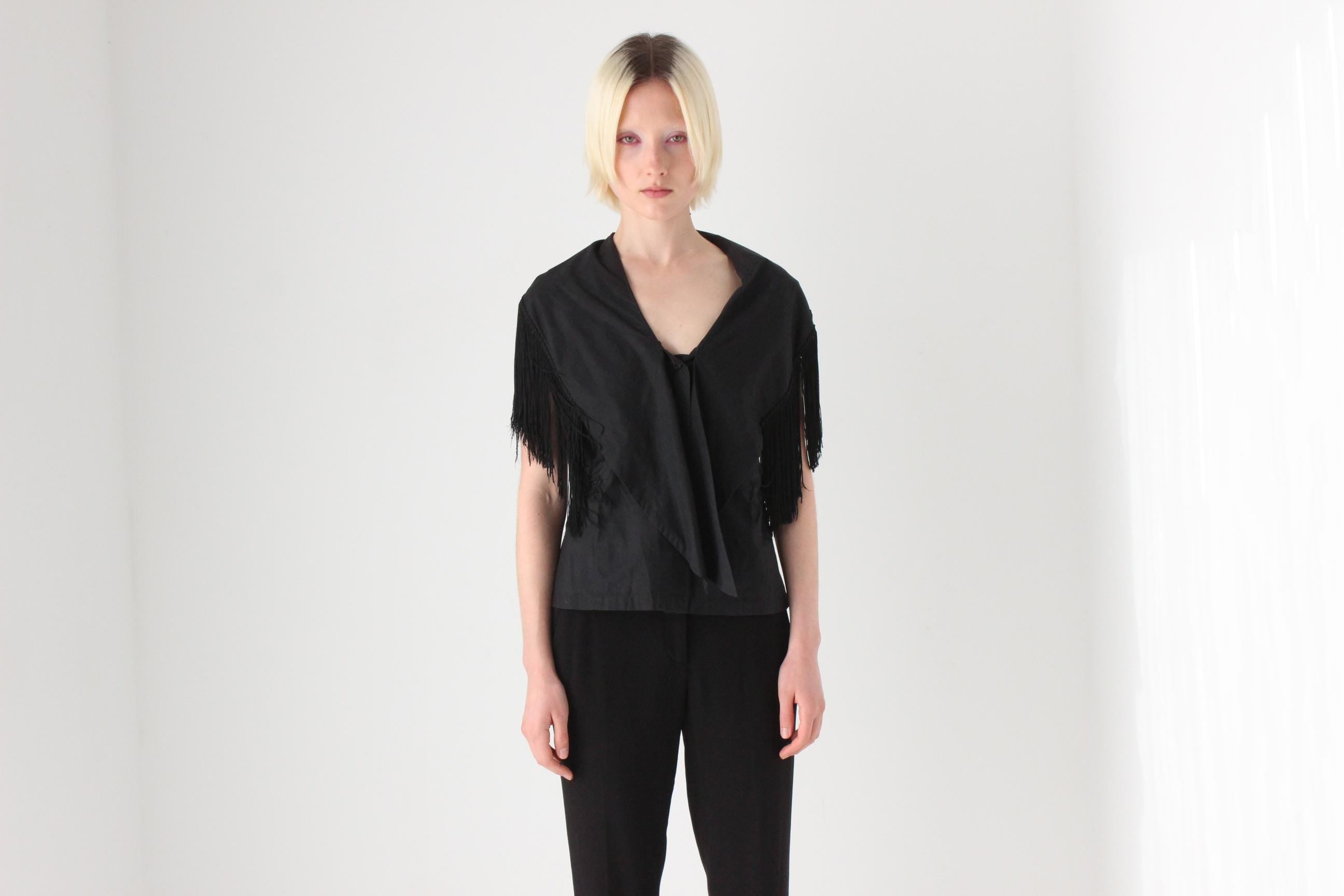 80s Black Cotton Fringe Collar / Cape Top