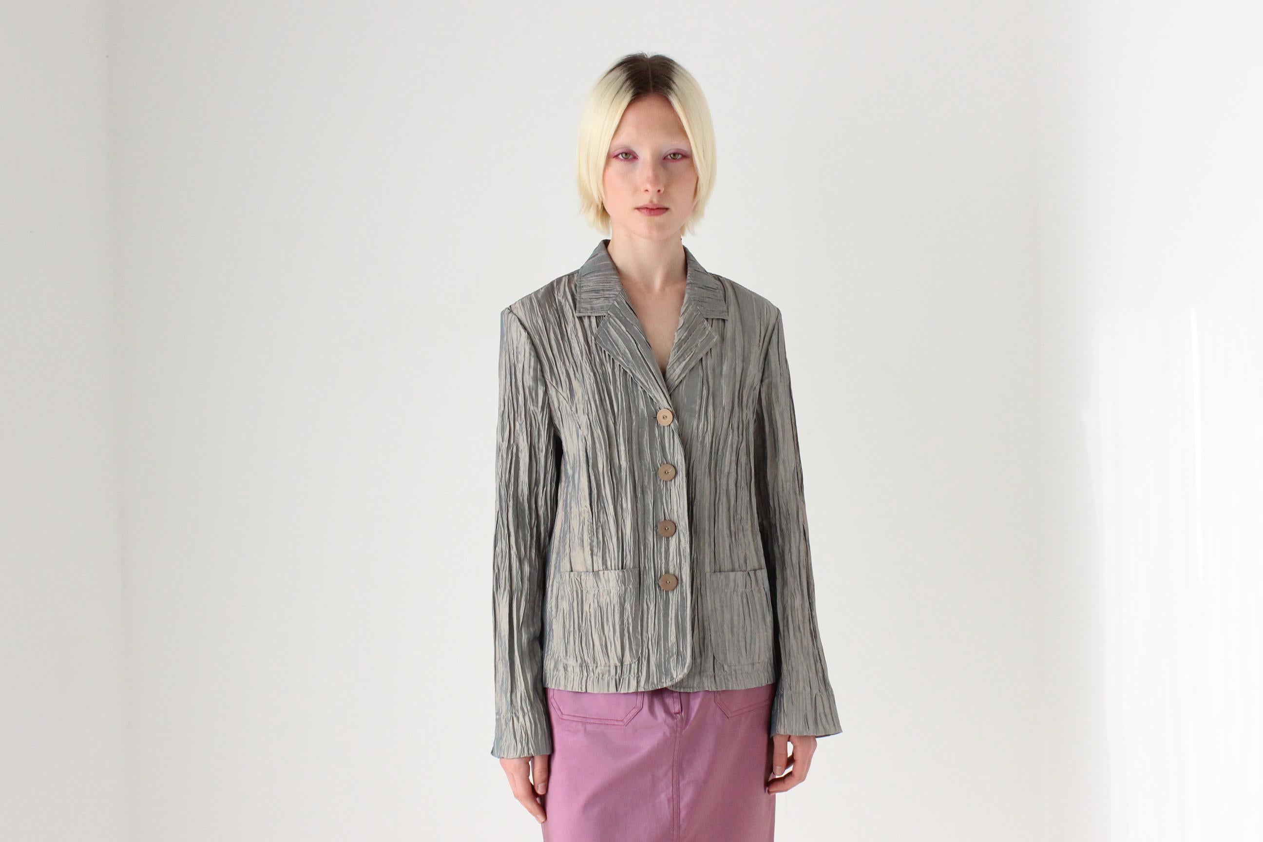 Y2K Metallic Crinkle Plisse Collared Shirt Top