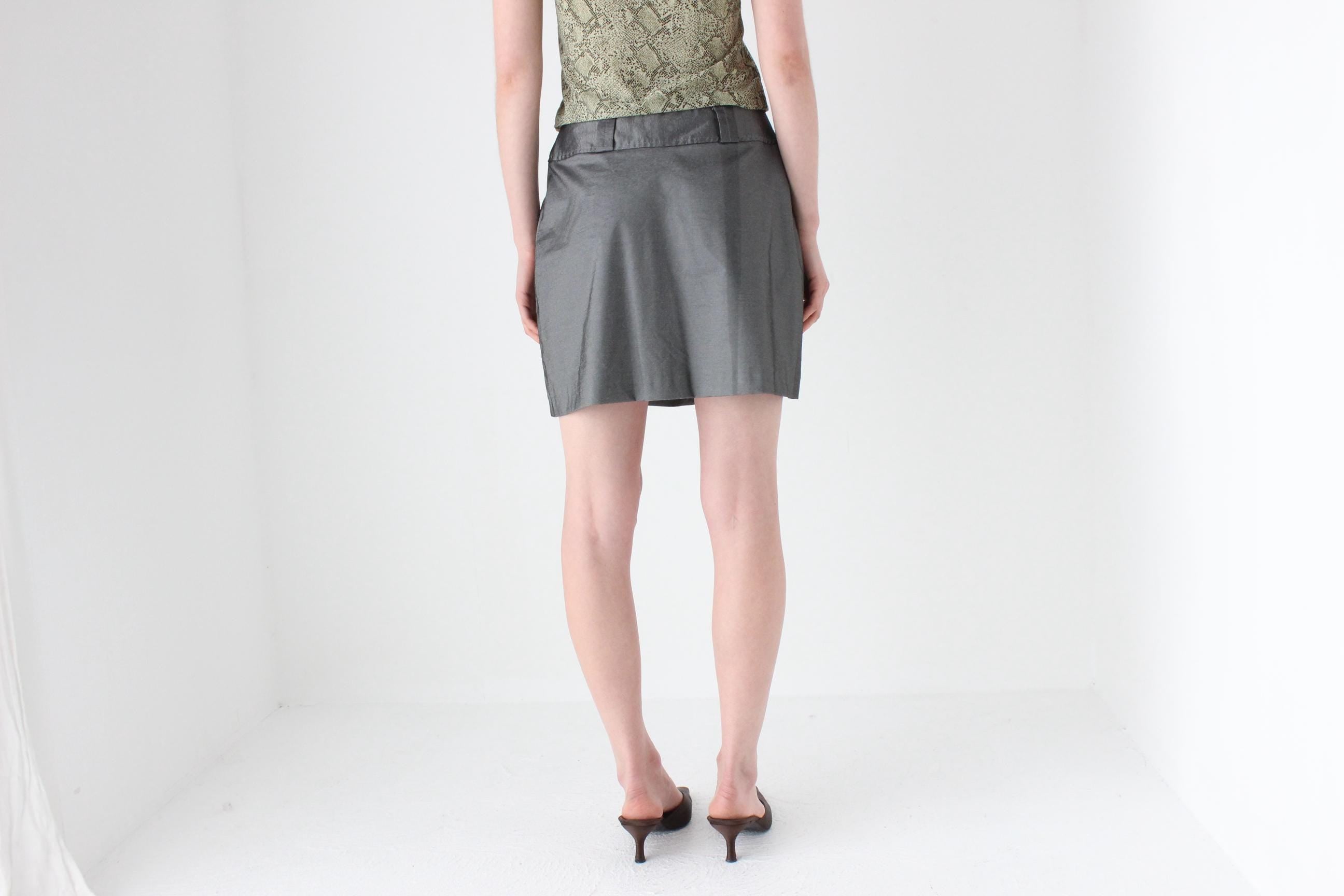 90s Metallic Pewter Futuristic A-Line Mini Skirt
