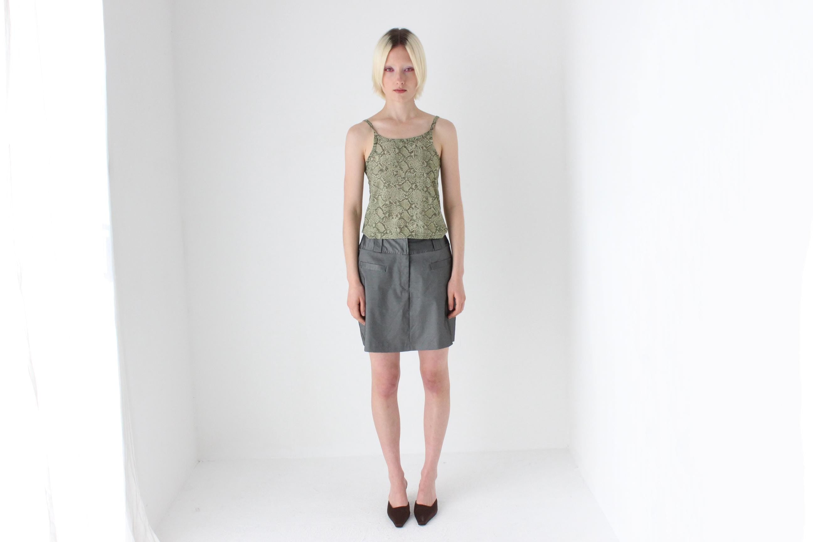 90s Metallic Pewter Futuristic A-Line Mini Skirt