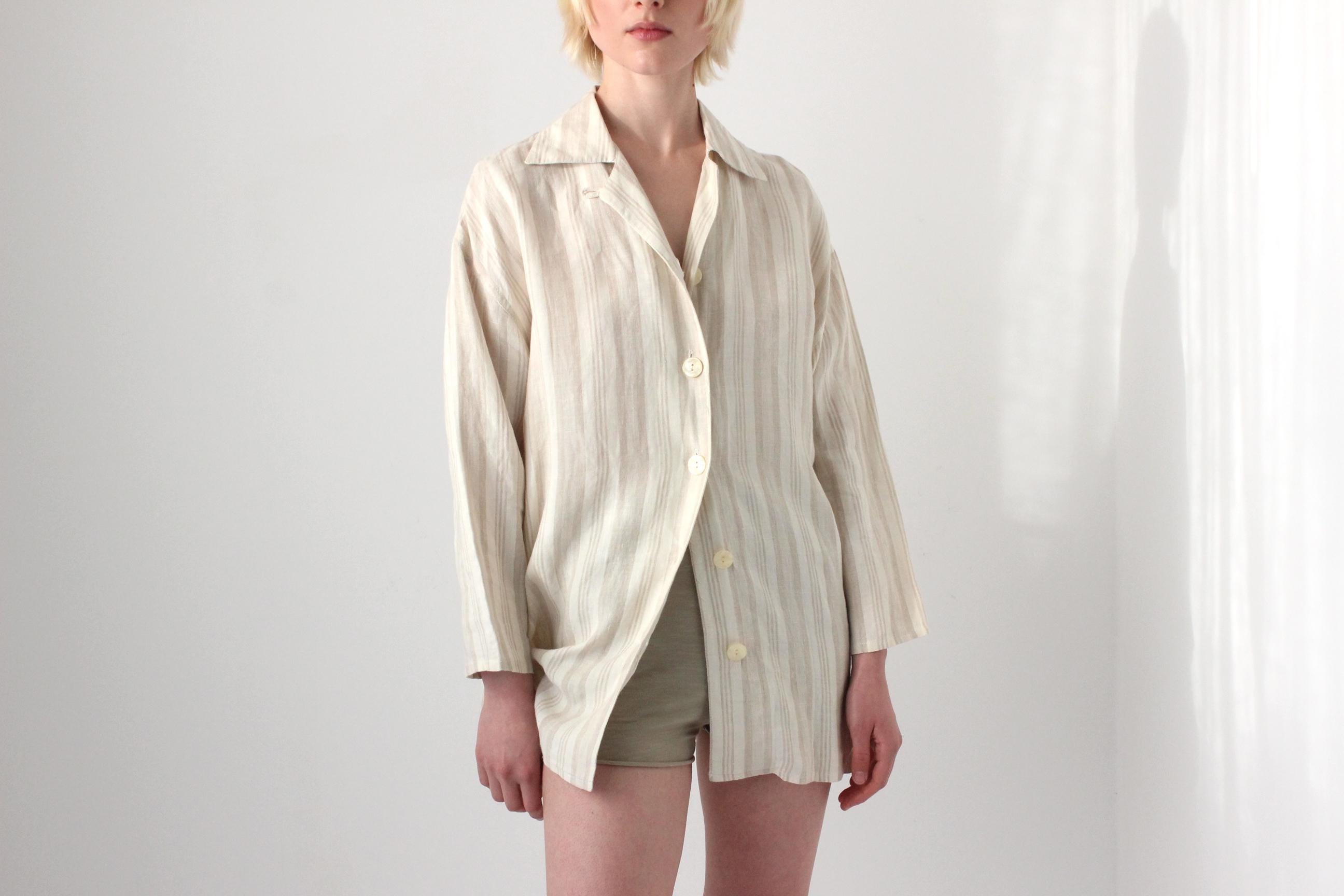 90s Italian Linen Subtle Beige Stripe Shirt