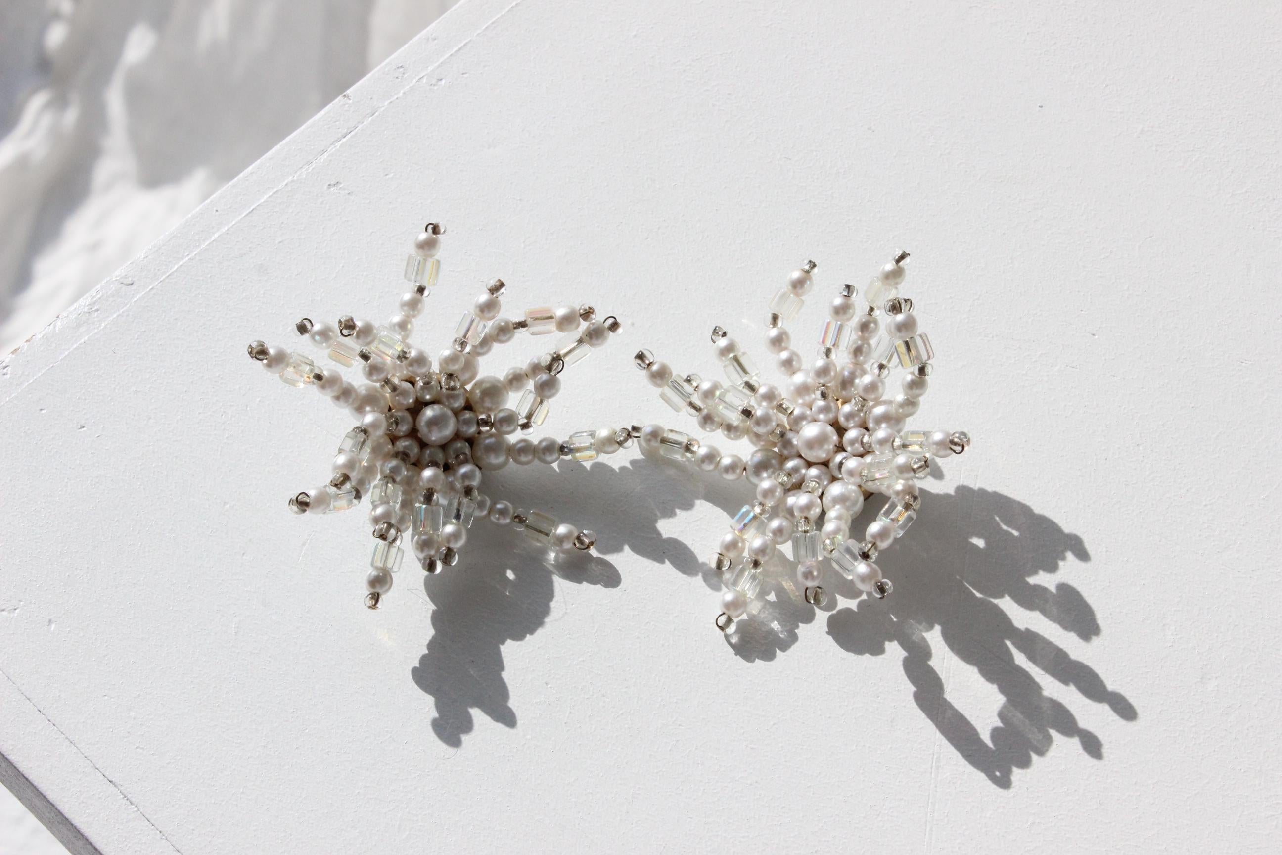 60s Ivory & Silver Pearl Explosive Cluster Clip On Wedding Earrings