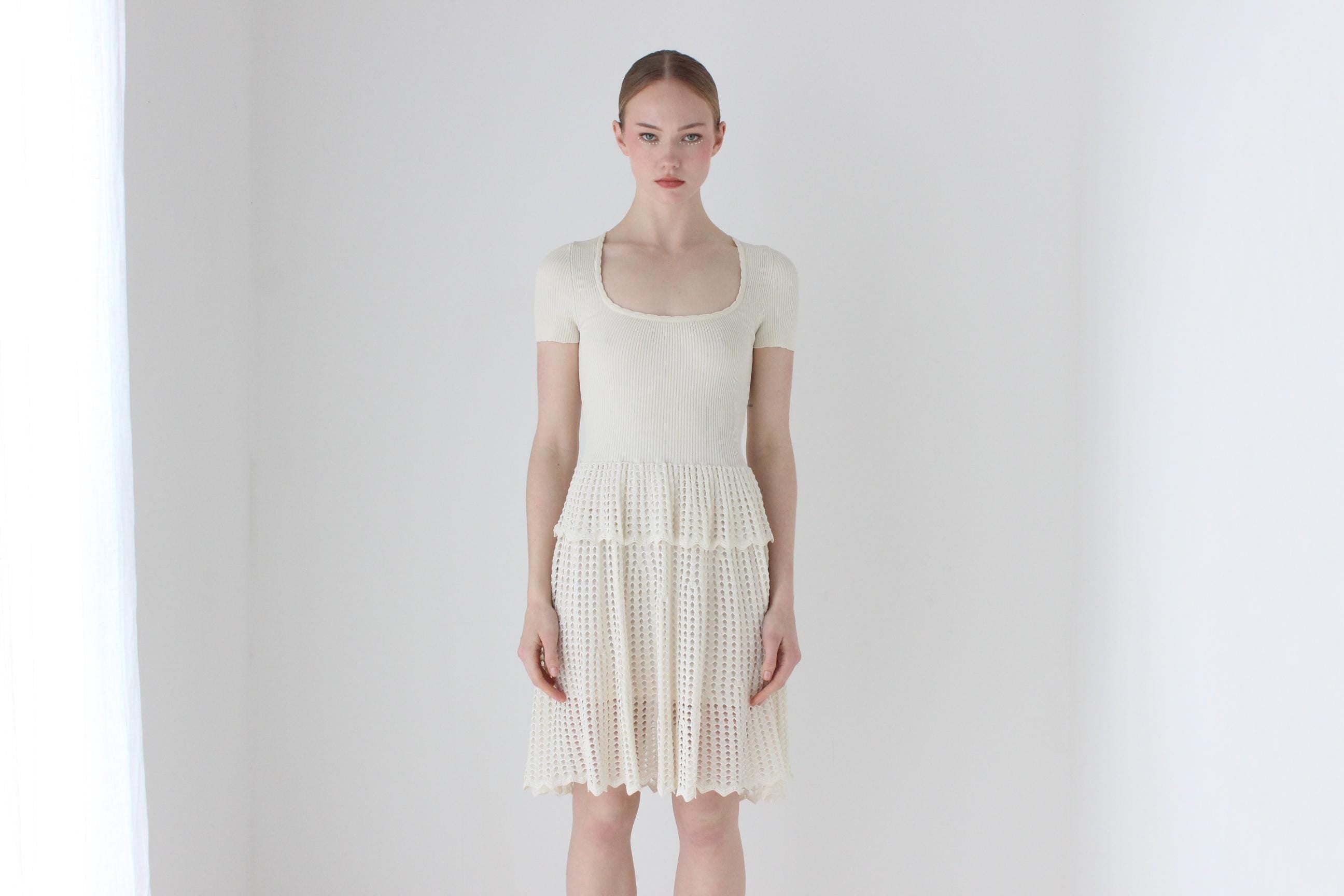 2000s Alexander McQueen Cream Knit Fitted Ruffle Bridal Mini