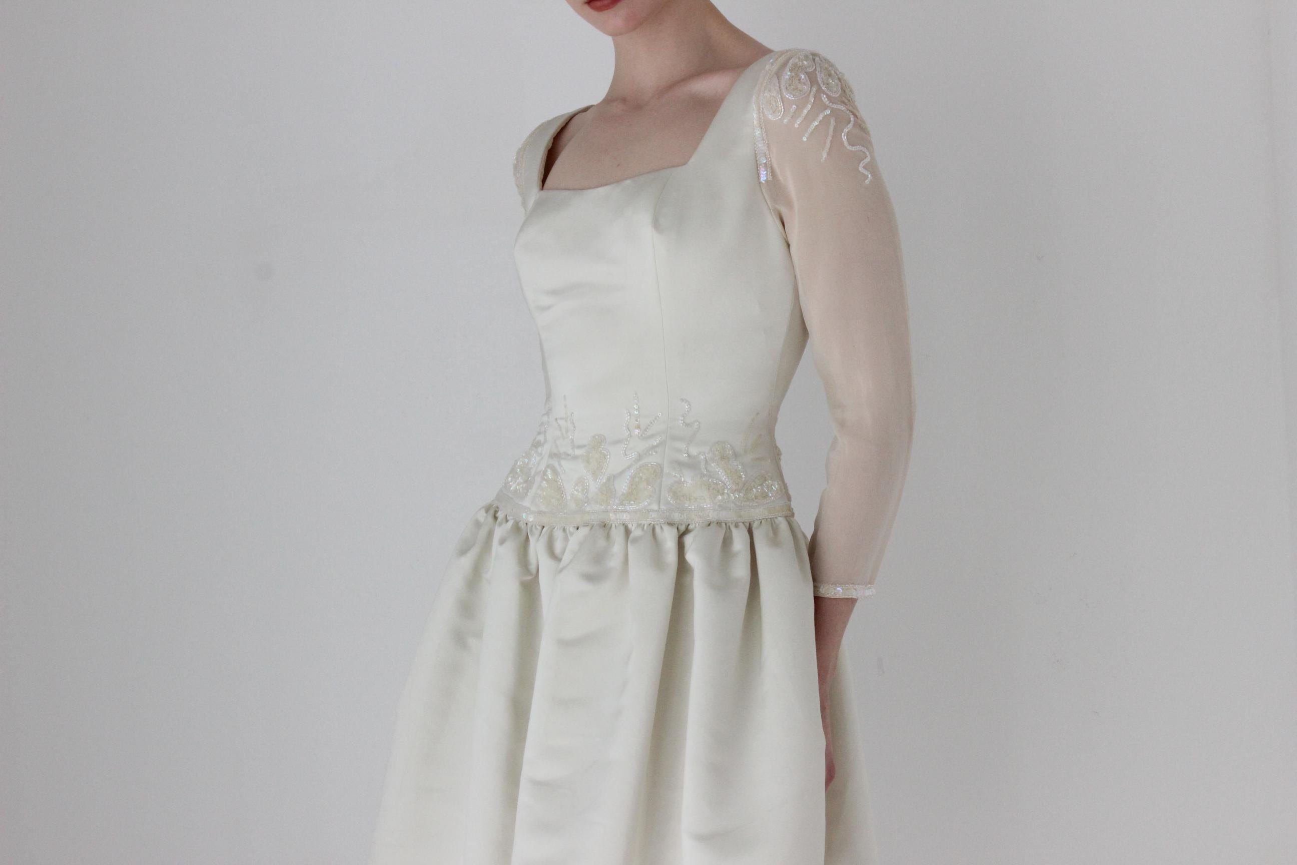 1980s 'Fabrice Silhouette' Duchess Satin Drop Waist Bridal Mini