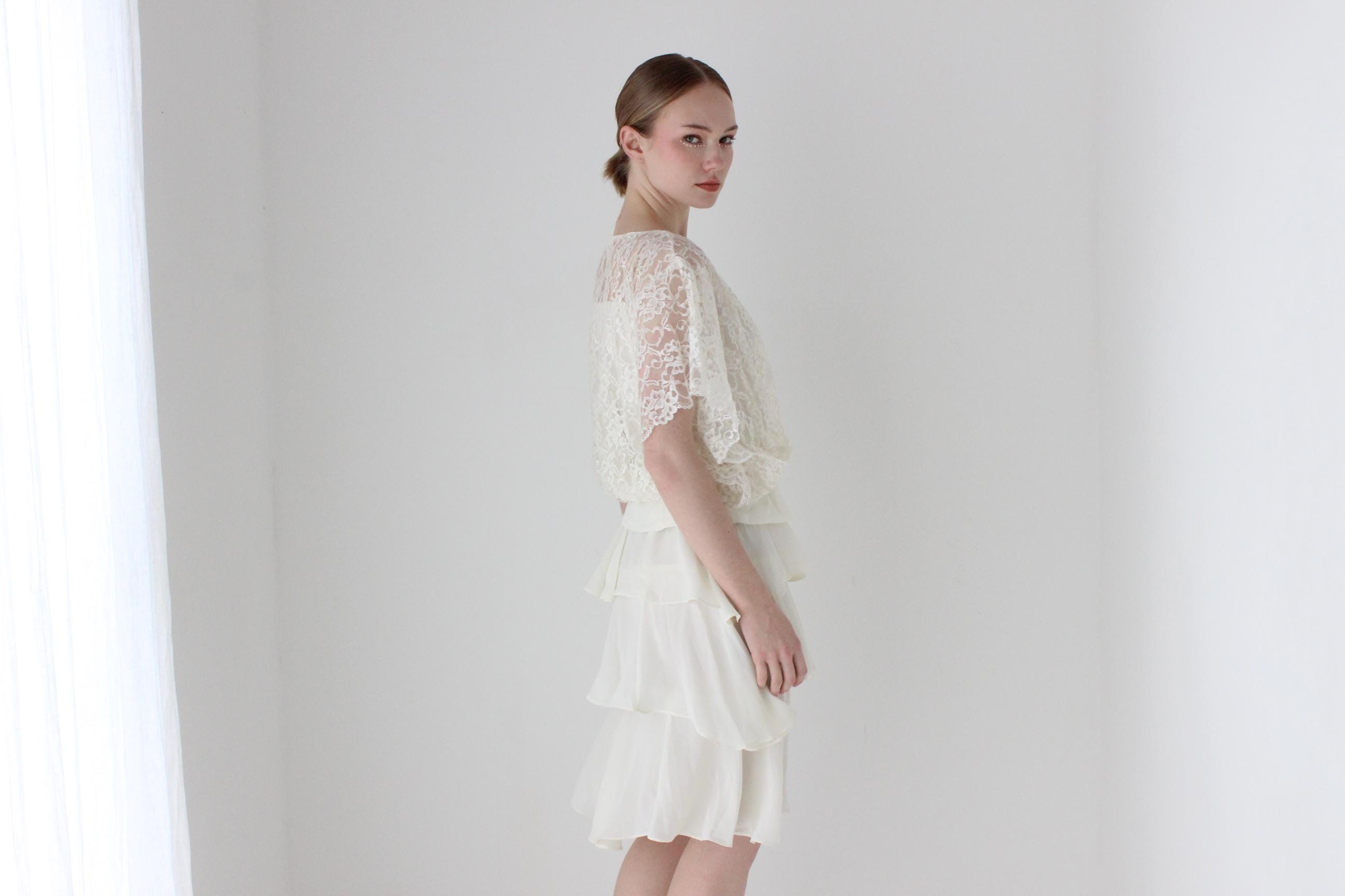 1980s Lace & Ruffle Cocktail Wedding Dress