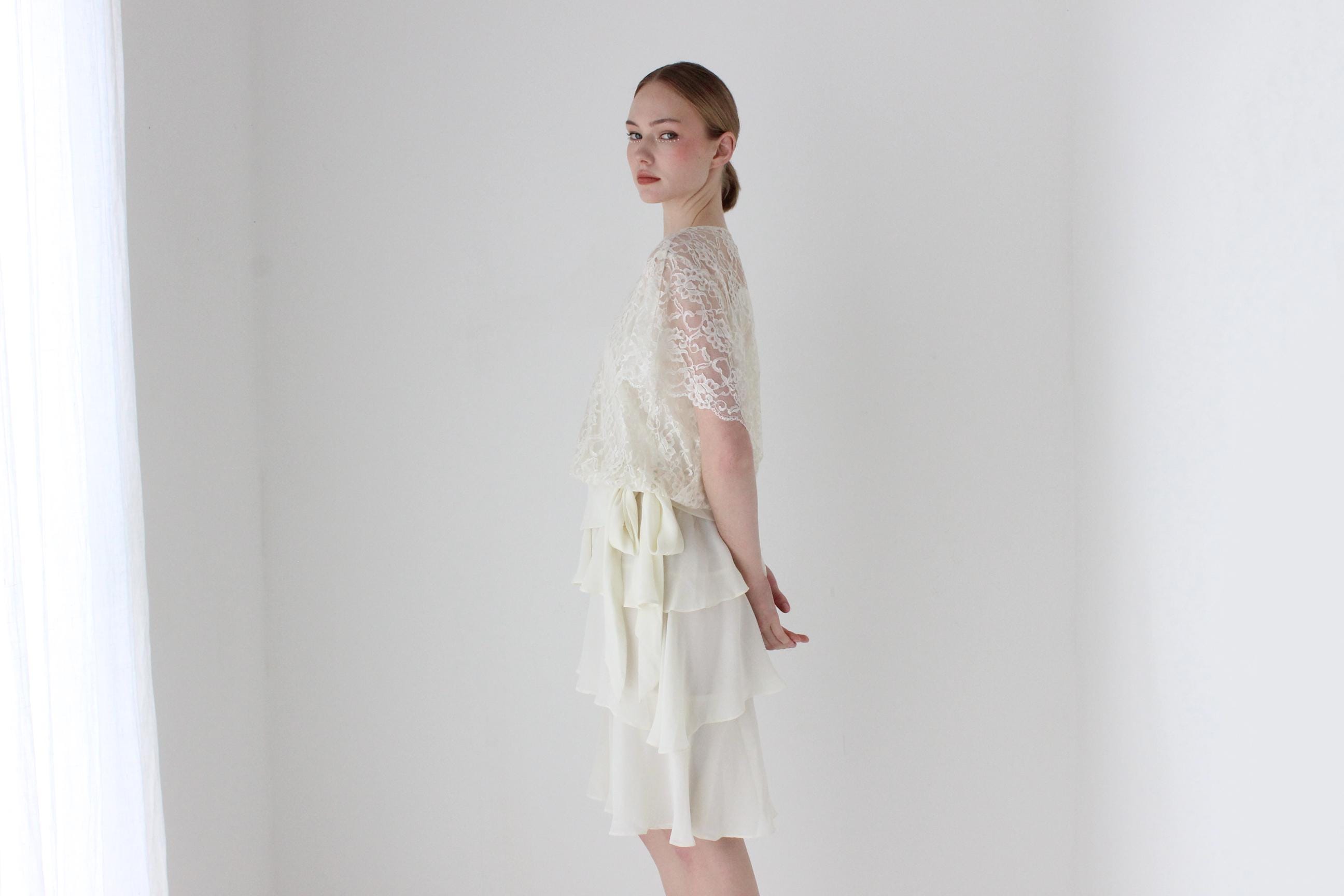 1980s Lace & Ruffle Cocktail Wedding Dress