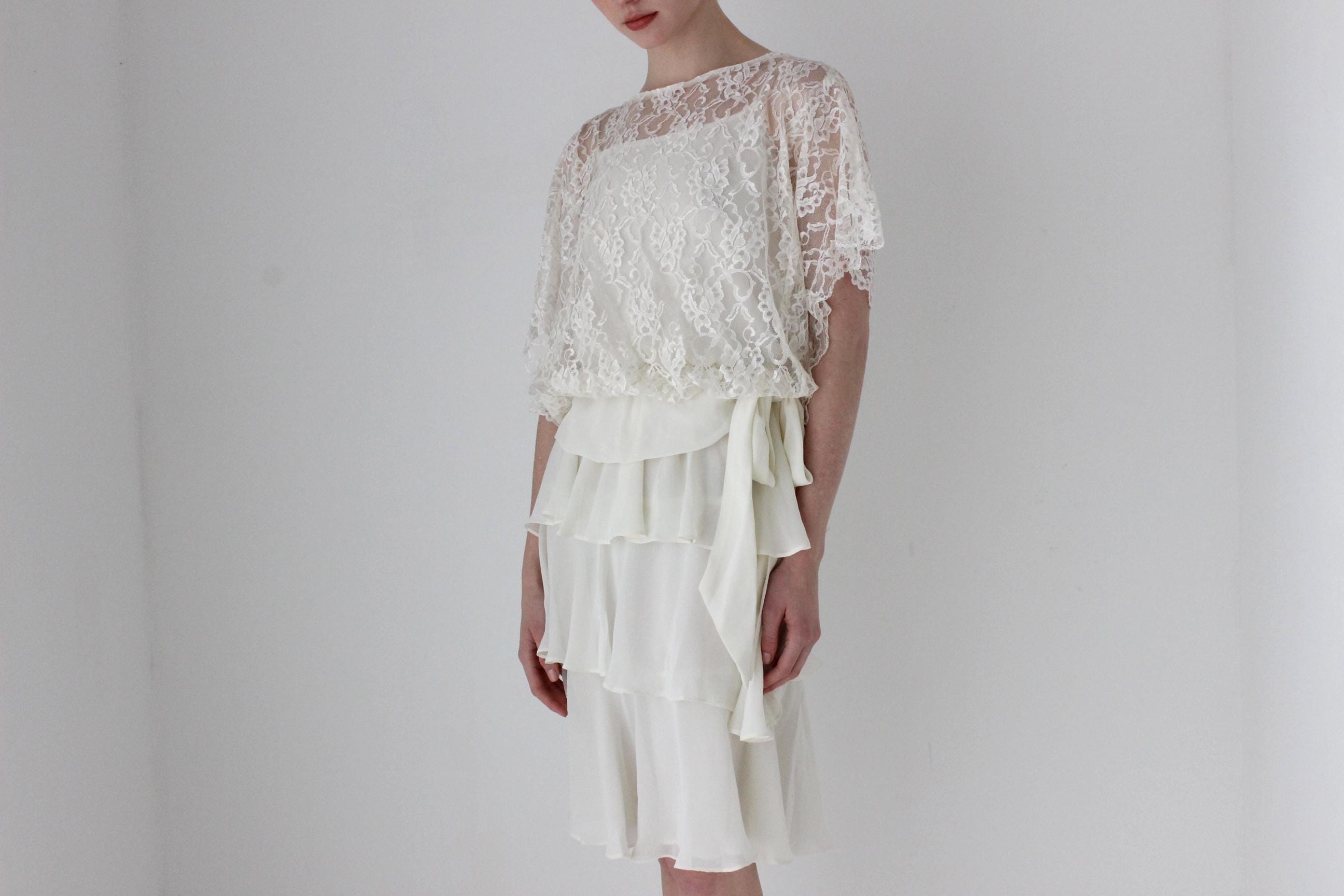 1980s Lace & Ruffle Cocktail Wedding Dress