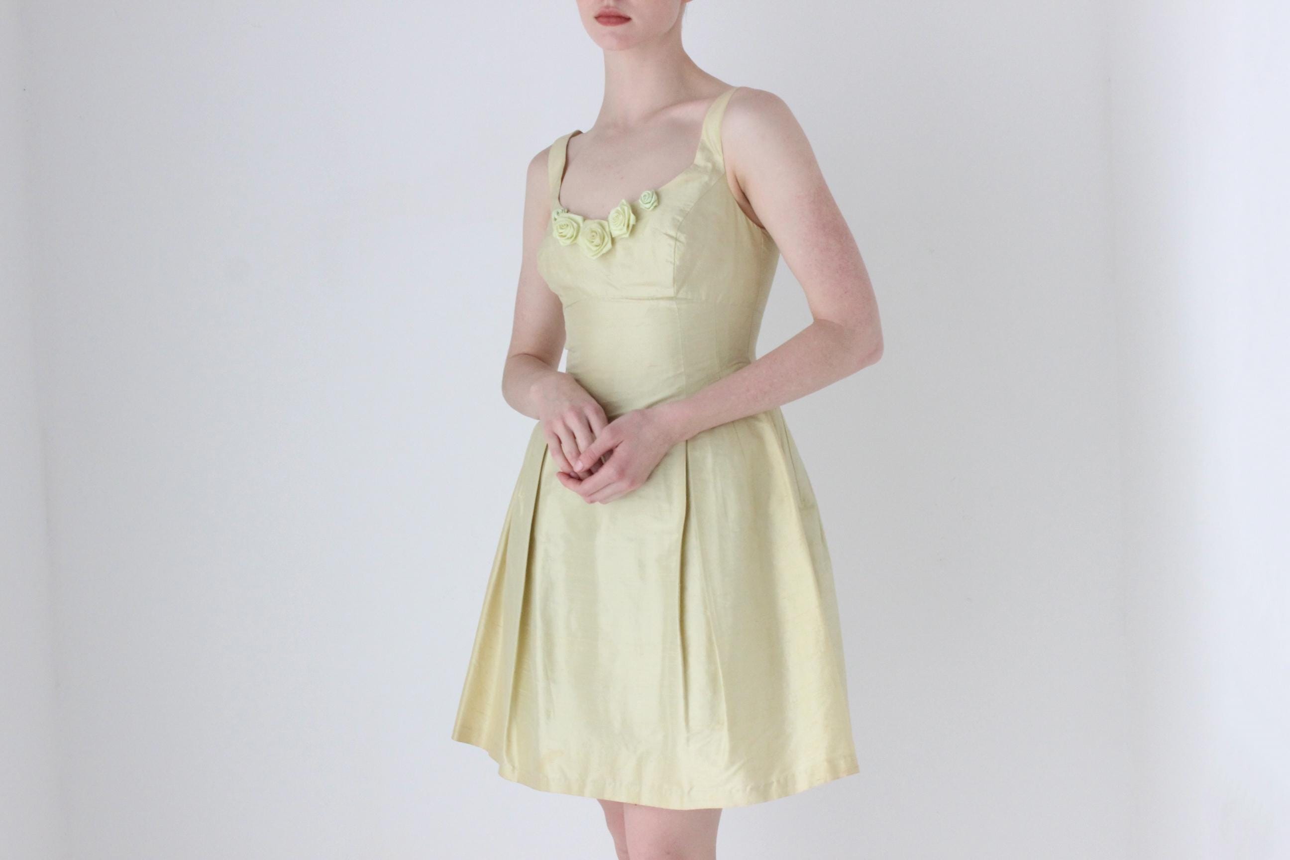 1990s Pastel Raw Silk Cocktail Dress w/ Rosettes