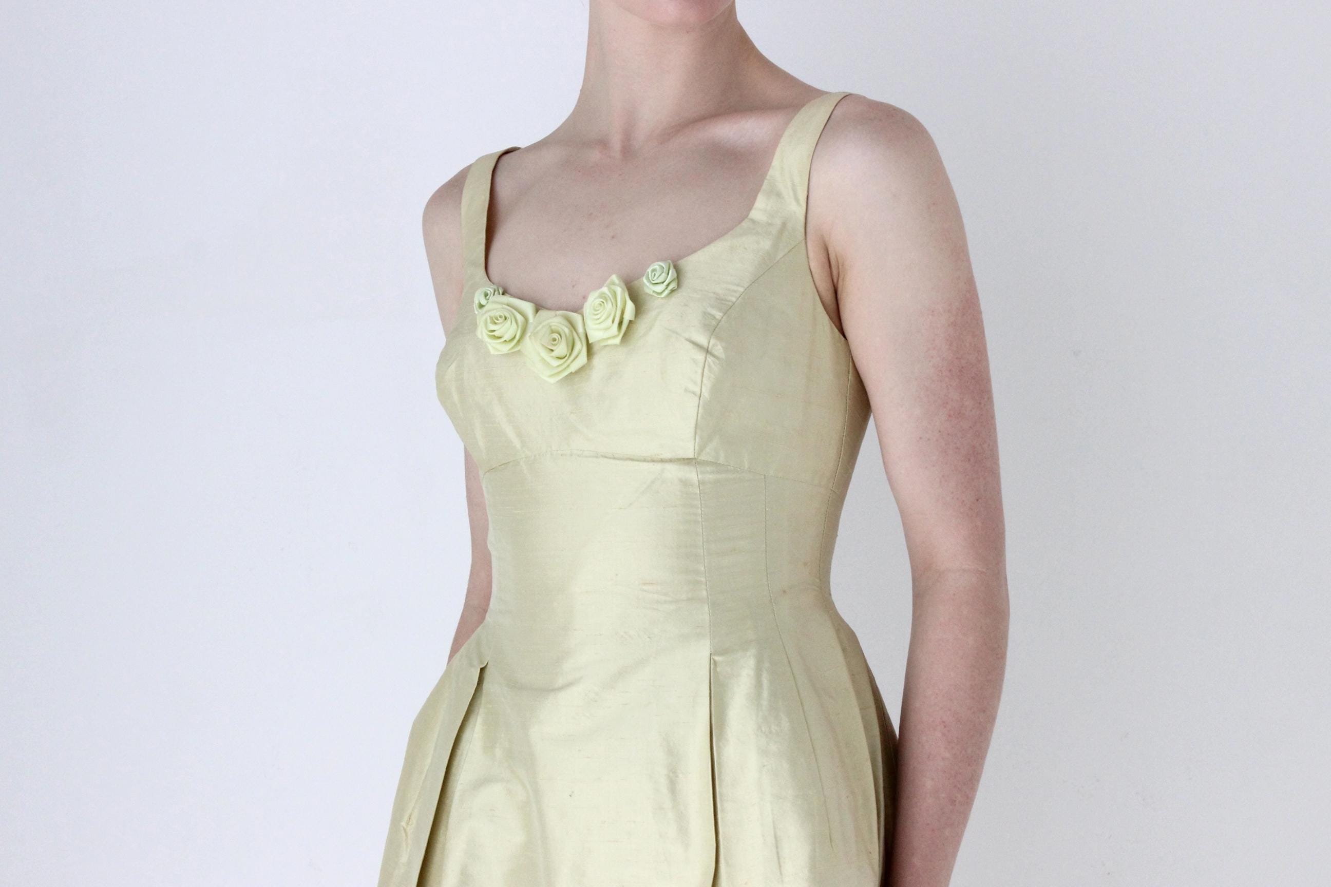 1990s Pastel Raw Silk Cocktail Dress w/ Rosettes
