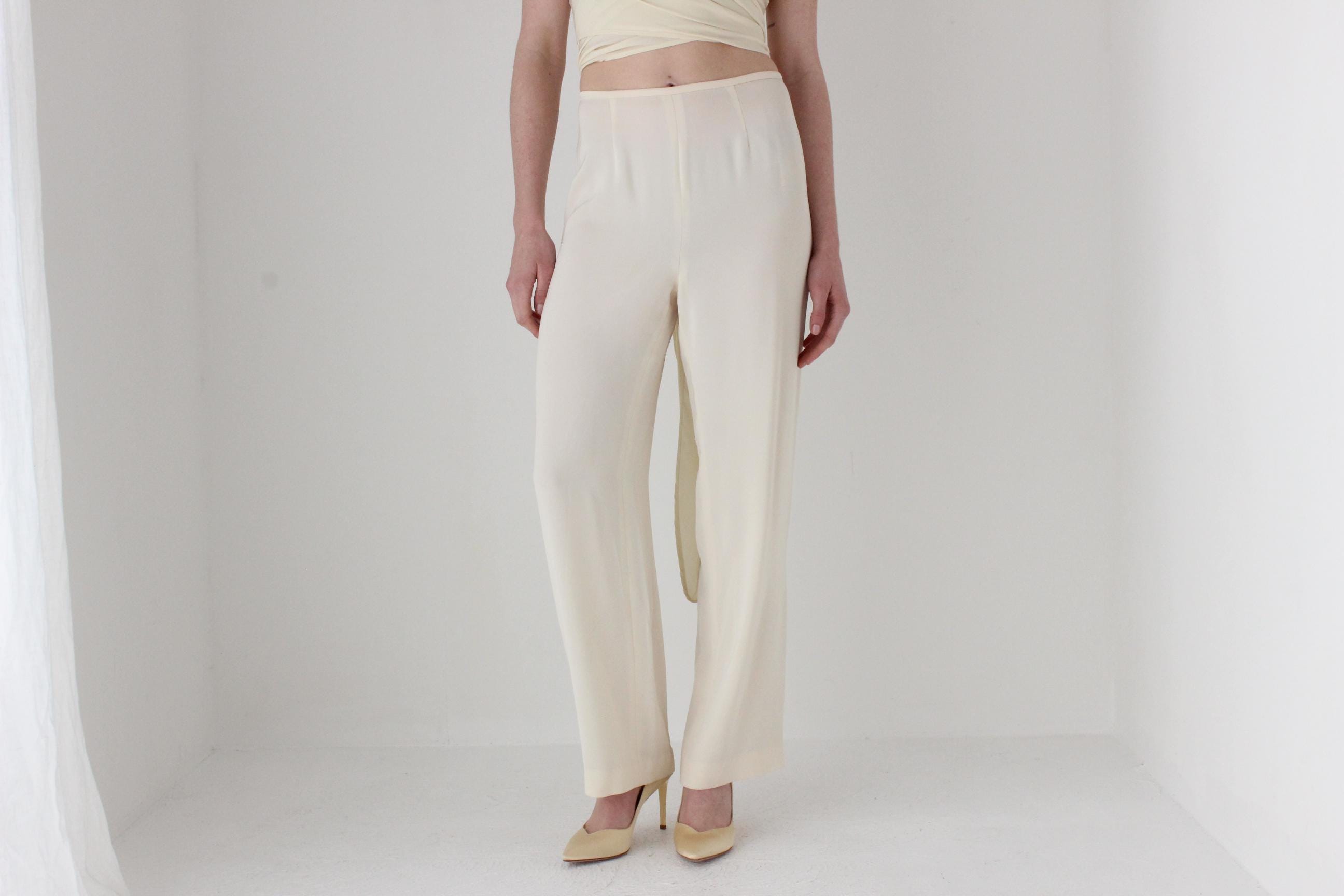 1990s Simple Cream Crepe Bridal Trousers