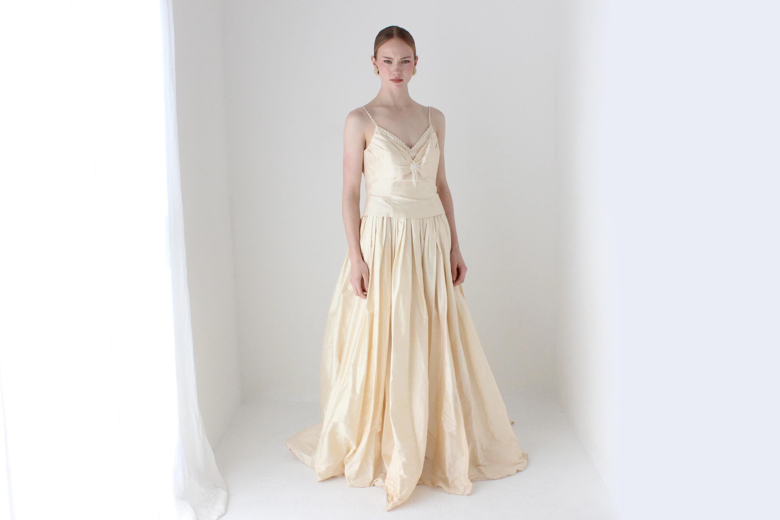 1990s Silk Dupion Buttercream Drop Waist Wedding Gown w/ Pearl & Swarovski Beading