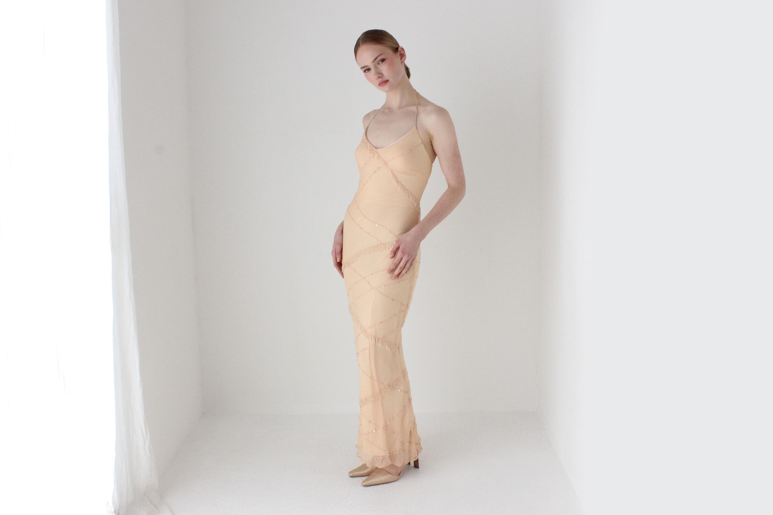 2000s Pastel Peach Pure Silk Bias Cut Slip Dress w/ Beading by 'Marina'