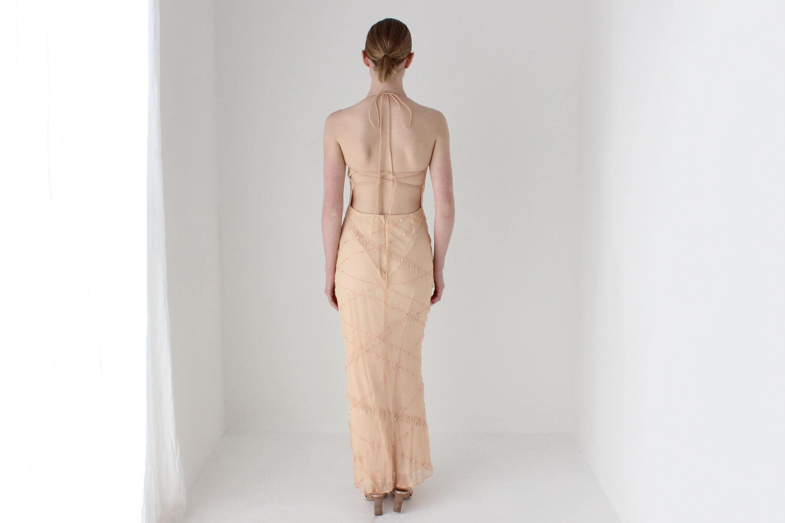 2000s Pastel Peach Pure Silk Bias Cut Slip Dress w/ Beading by 'Marina'