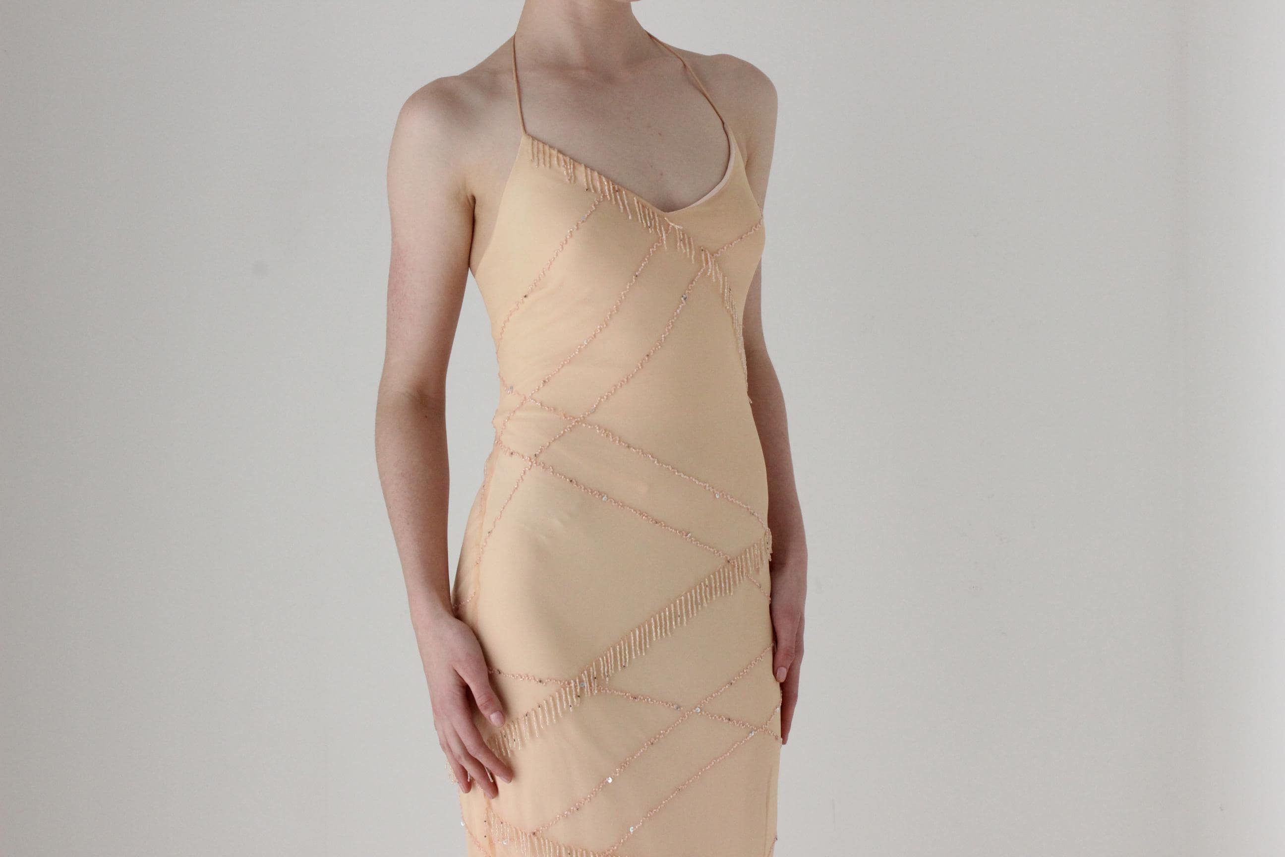 2000s Pastel Peach Pure Silk Bias Cut Slip Dress w/ Beading by 'Marina'