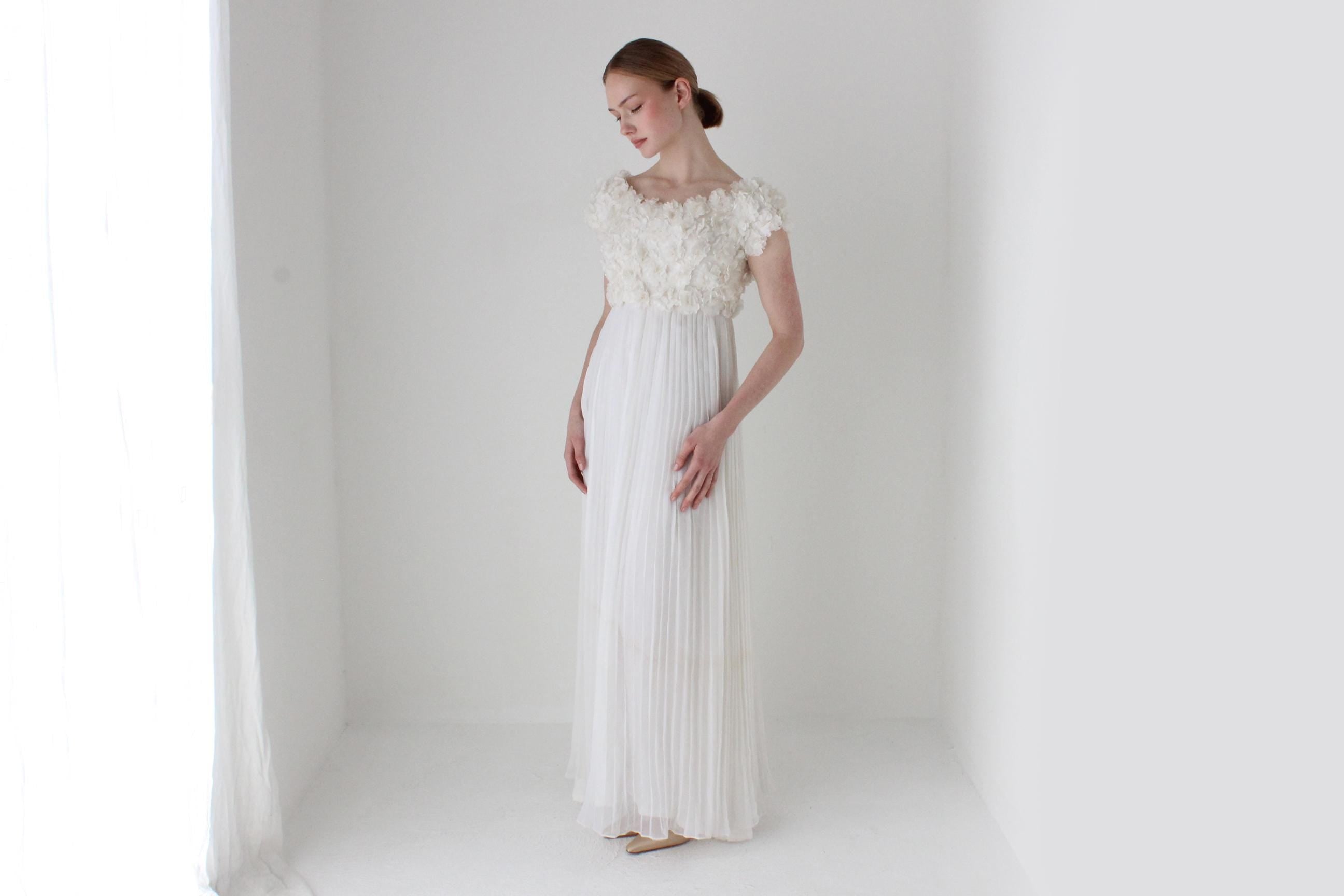 Dreamy 1960s Empire Waist Flower Bouquet Wedding Gown w/ 3D Rosettes & Pleating