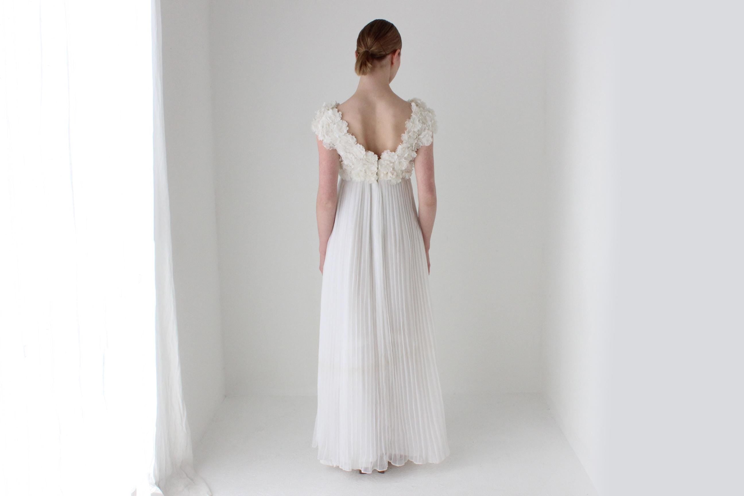 Dreamy 1960s Empire Waist Flower Bouquet Wedding Gown w/ 3D Rosettes & Pleating