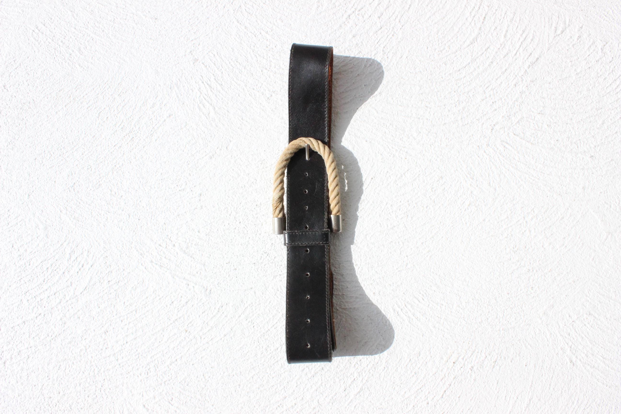 Vintage 80s Black Leather Belt w/ Amazing Rope Buckle
