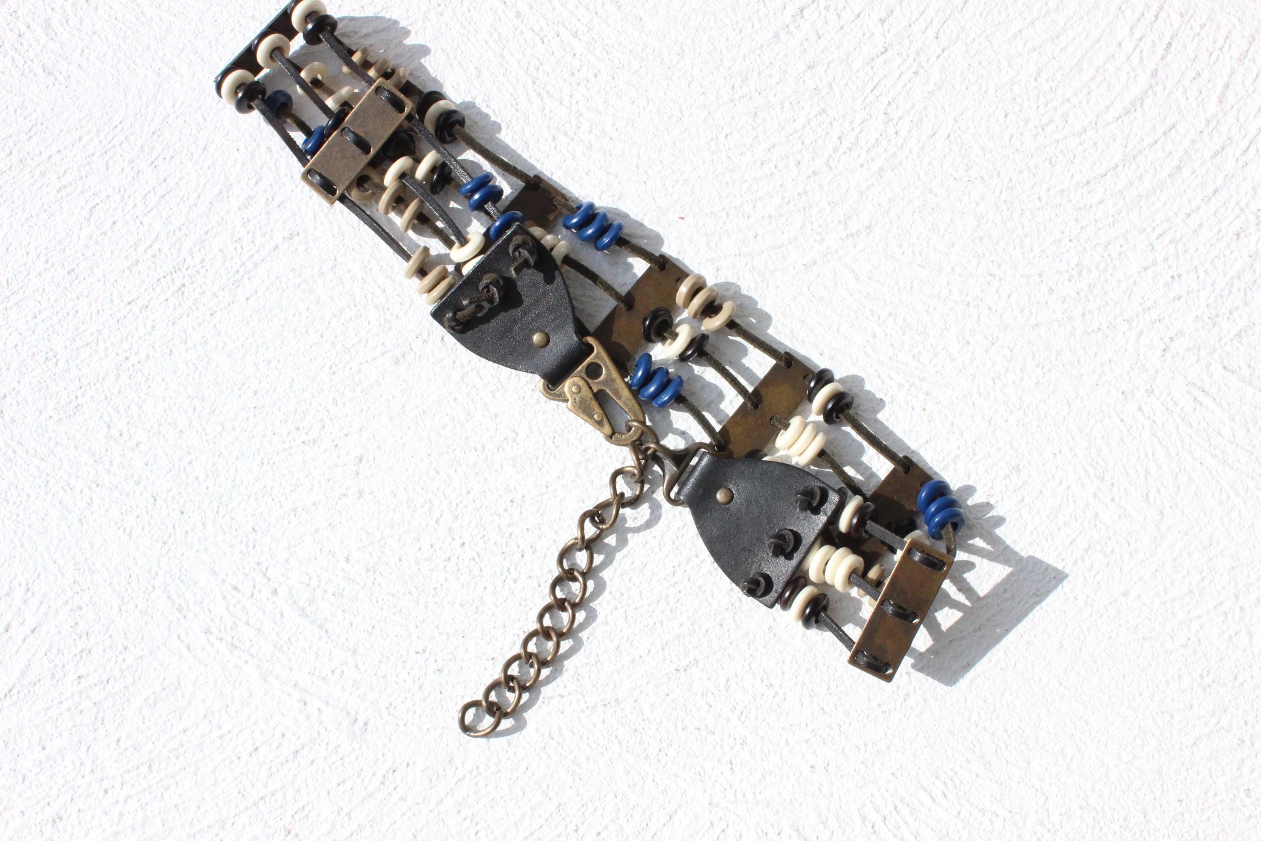 70s Leather & Bead Brass Metal Chain Belt