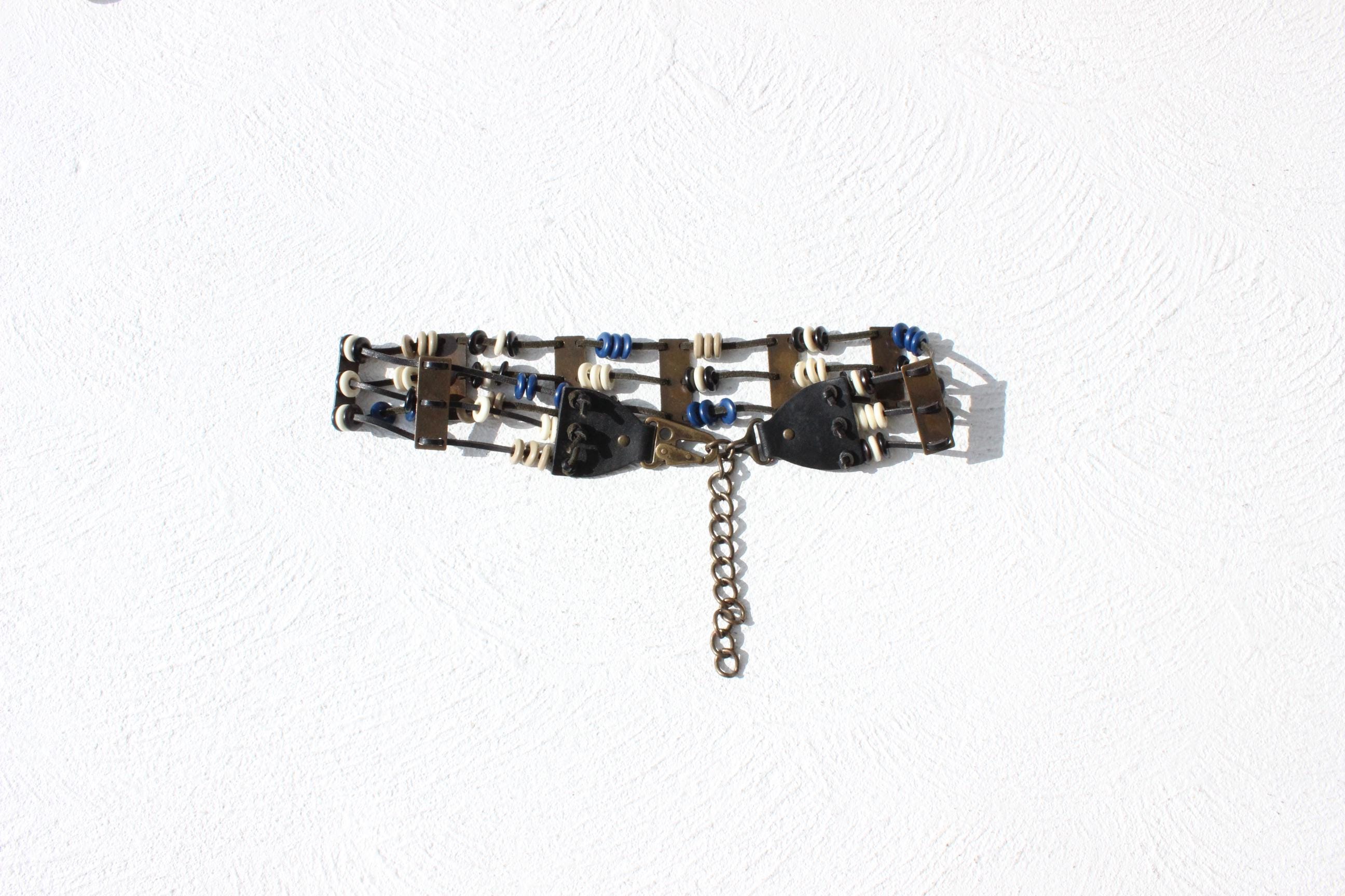 70s Leather & Bead Brass Metal Chain Belt
