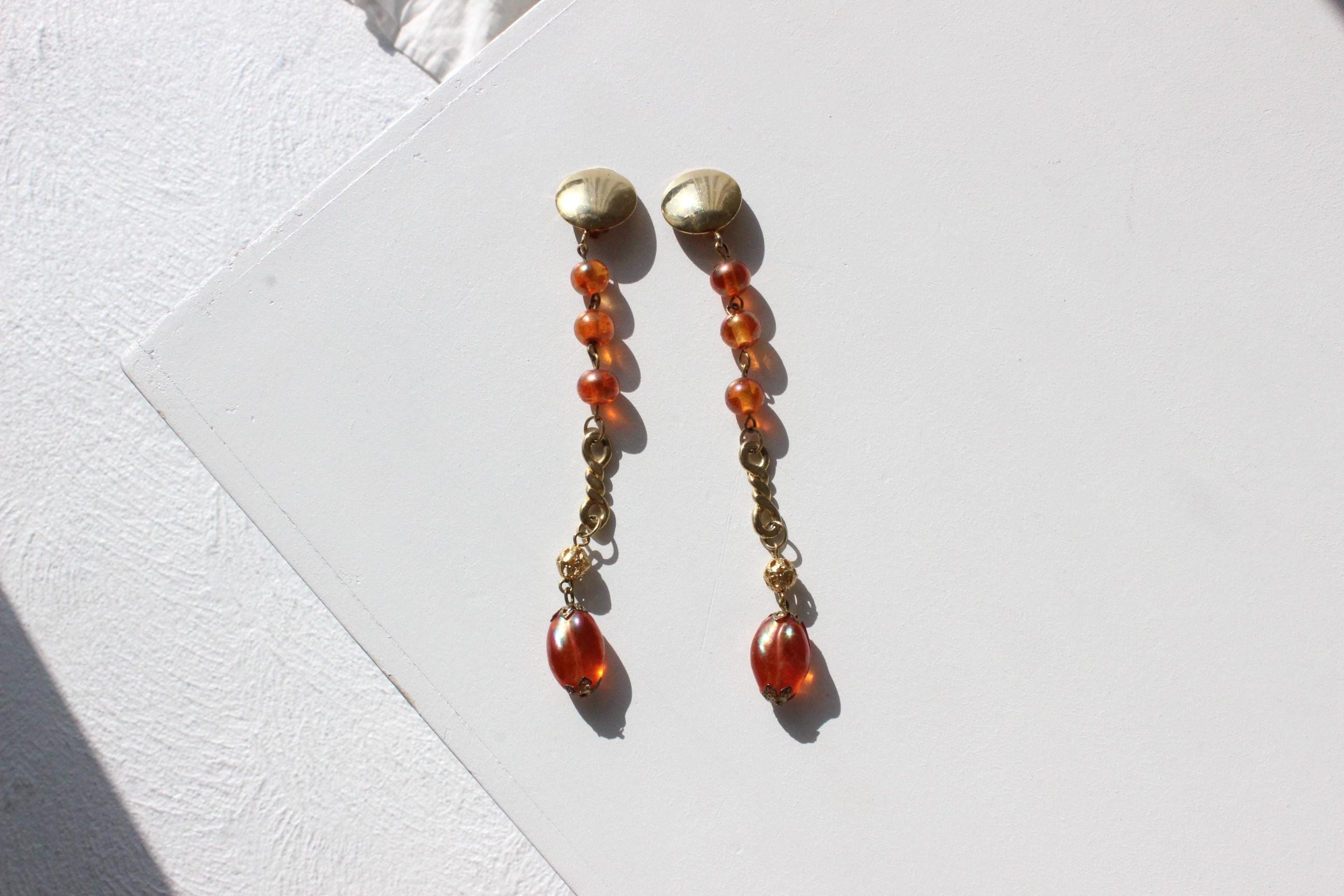 80s Extra Long Gold & Amber Droplet Clip On Earrings