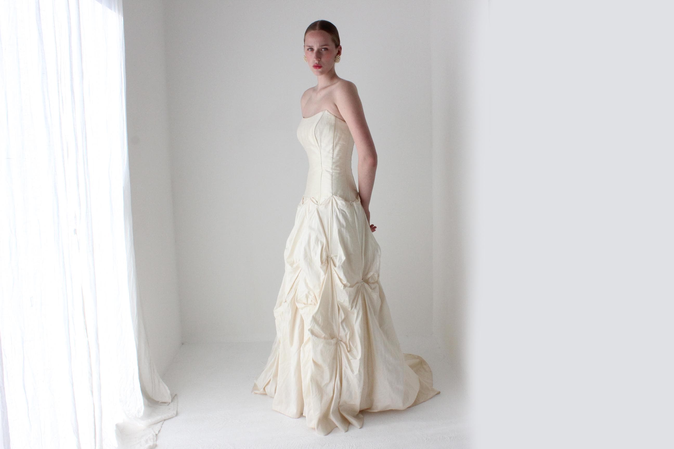 1990s Cream Silk Dupion Drop Waist, Corset Wedding Gown w/ Textural Gathered Skirt