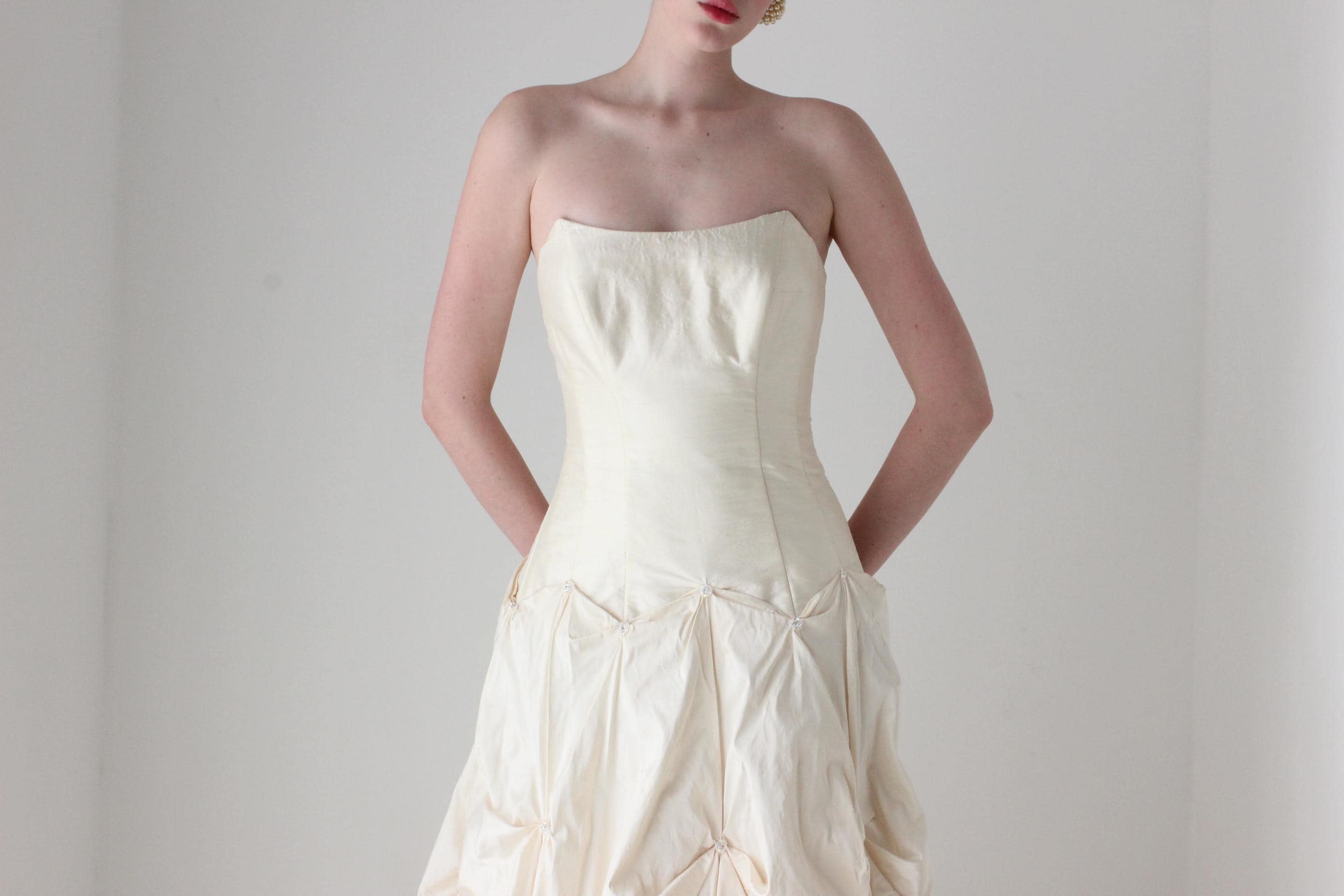 1990s Cream Silk Dupion Drop Waist, Corset Wedding Gown w/ Textural Gathered Skirt