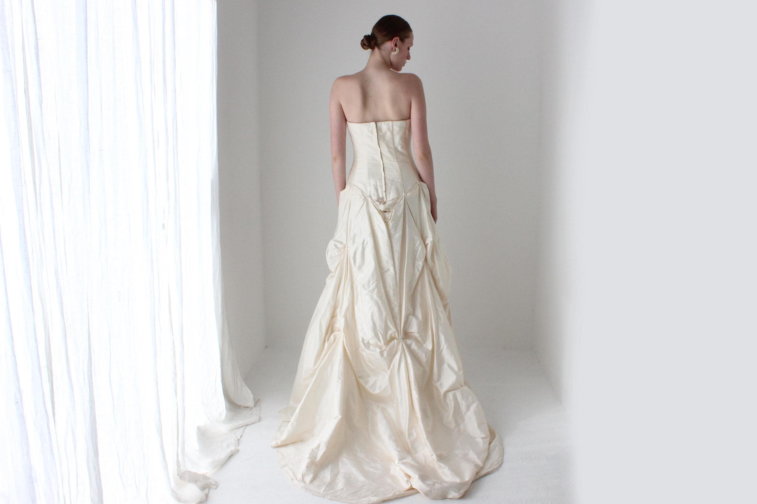 1990s Cream Silk Dupion Drop Waist, Corset Wedding Gown w/ Textural Gathered Skirt