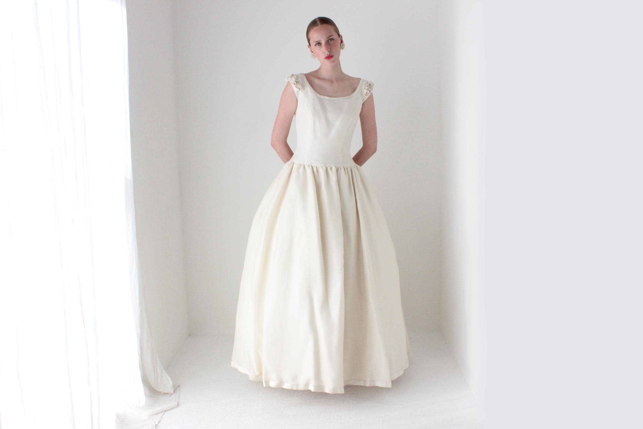 RESERVED - Deposit Paid 1990s Archival Amsale Bridal Couture Scoop Neck Drop Waist Wedding Ball Gown w/ Rosettes