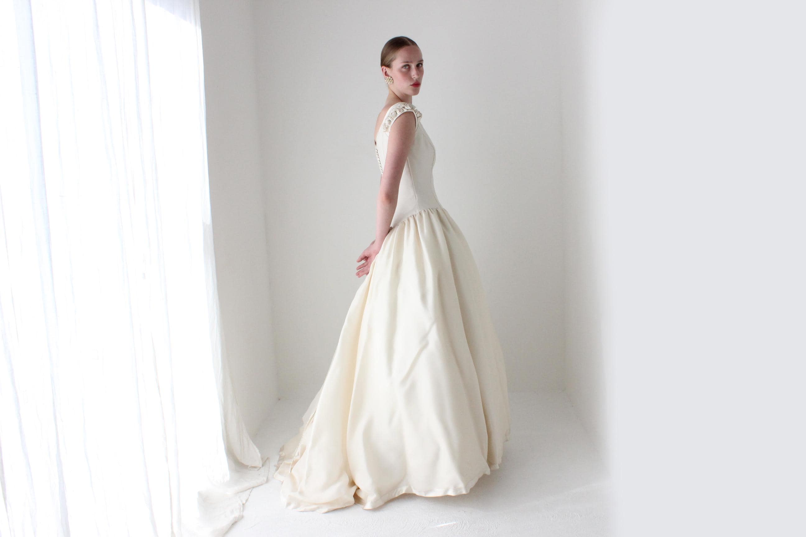 RESERVED - Deposit Paid 1990s Archival Amsale Bridal Couture Scoop Neck Drop Waist Wedding Ball Gown w/ Rosettes