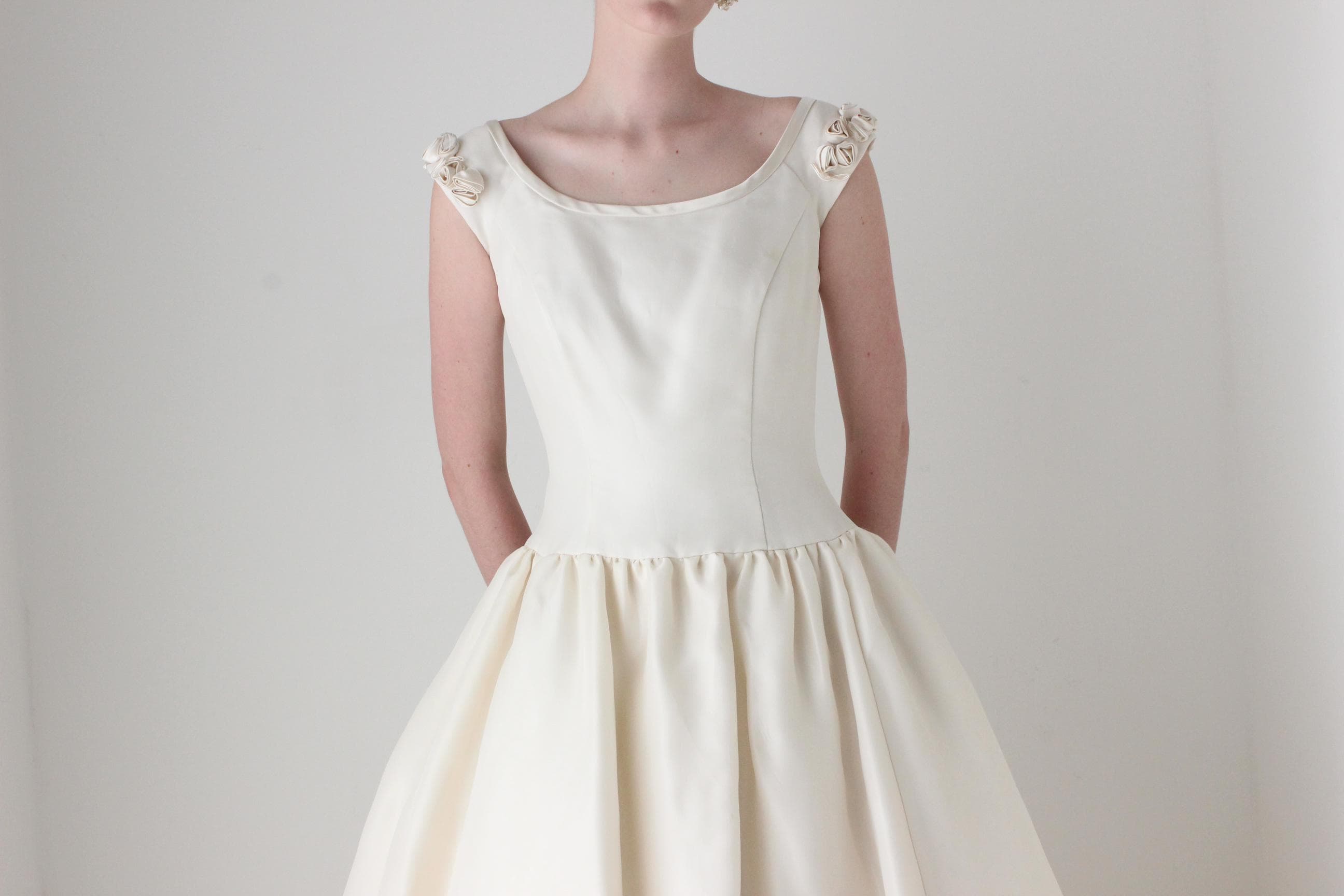RESERVED - Deposit Paid 1990s Archival Amsale Bridal Couture Scoop Neck Drop Waist Wedding Ball Gown w/ Rosettes
