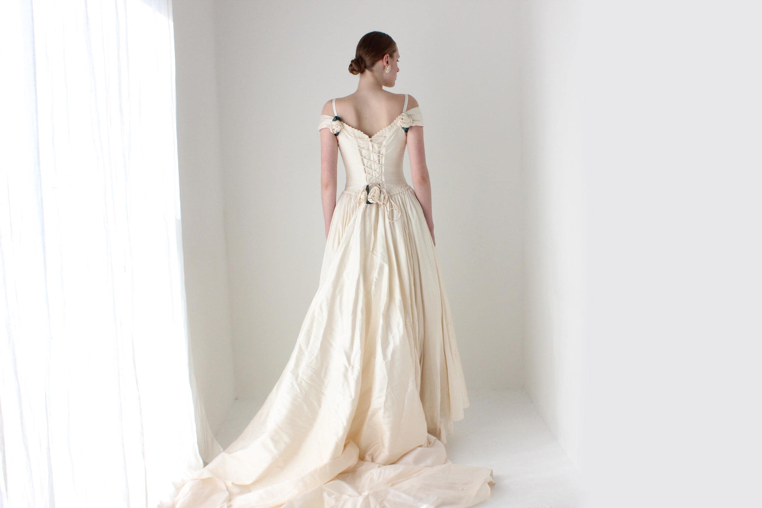 RESERVED - Deposit Paid - 1980s Silk Dupion Drop Waist Off Shoulder Lace Up Corset Wedding Gown w/ Rosettes