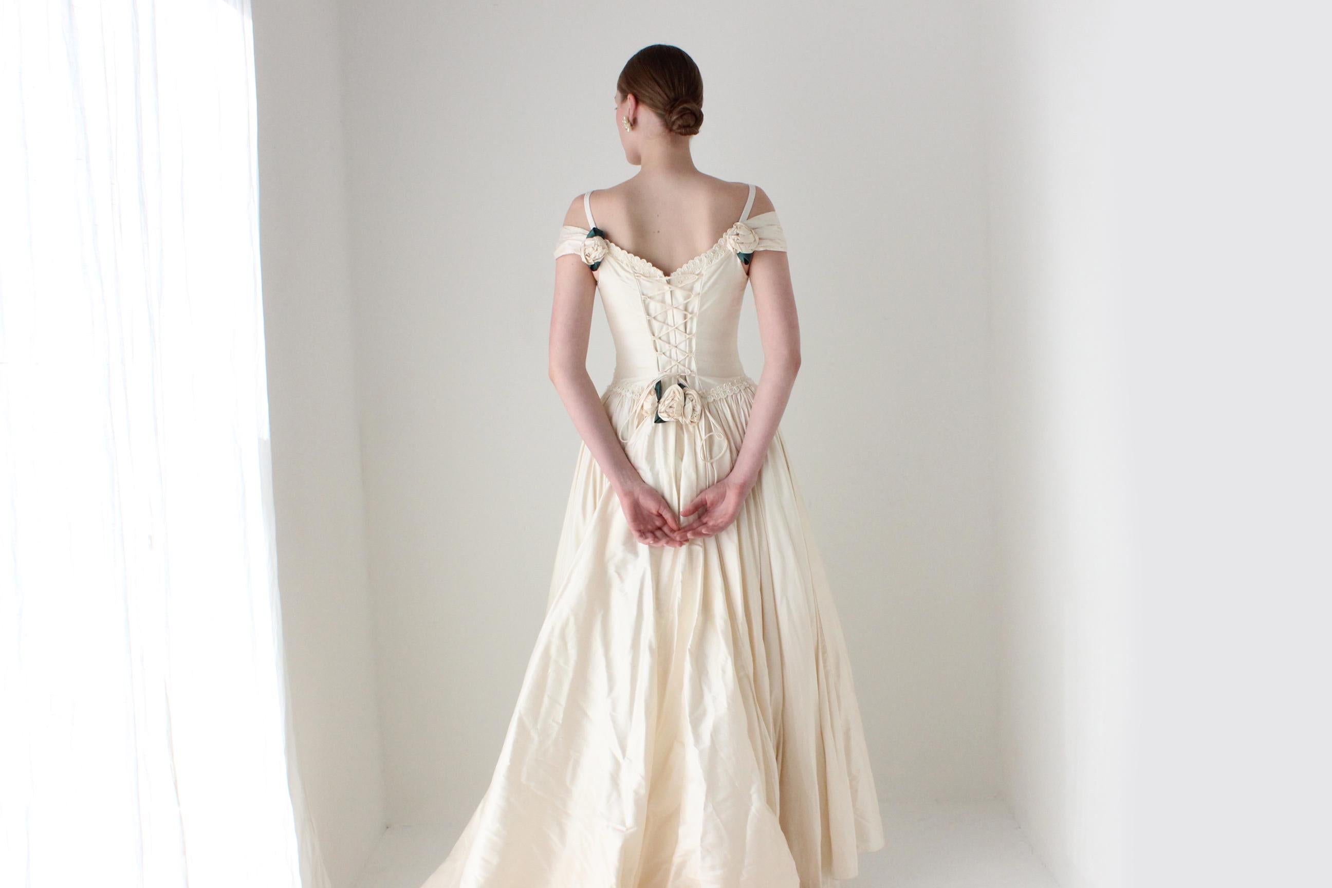 RESERVED - Deposit Paid - 1980s Silk Dupion Drop Waist Off Shoulder Lace Up Corset Wedding Gown w/ Rosettes