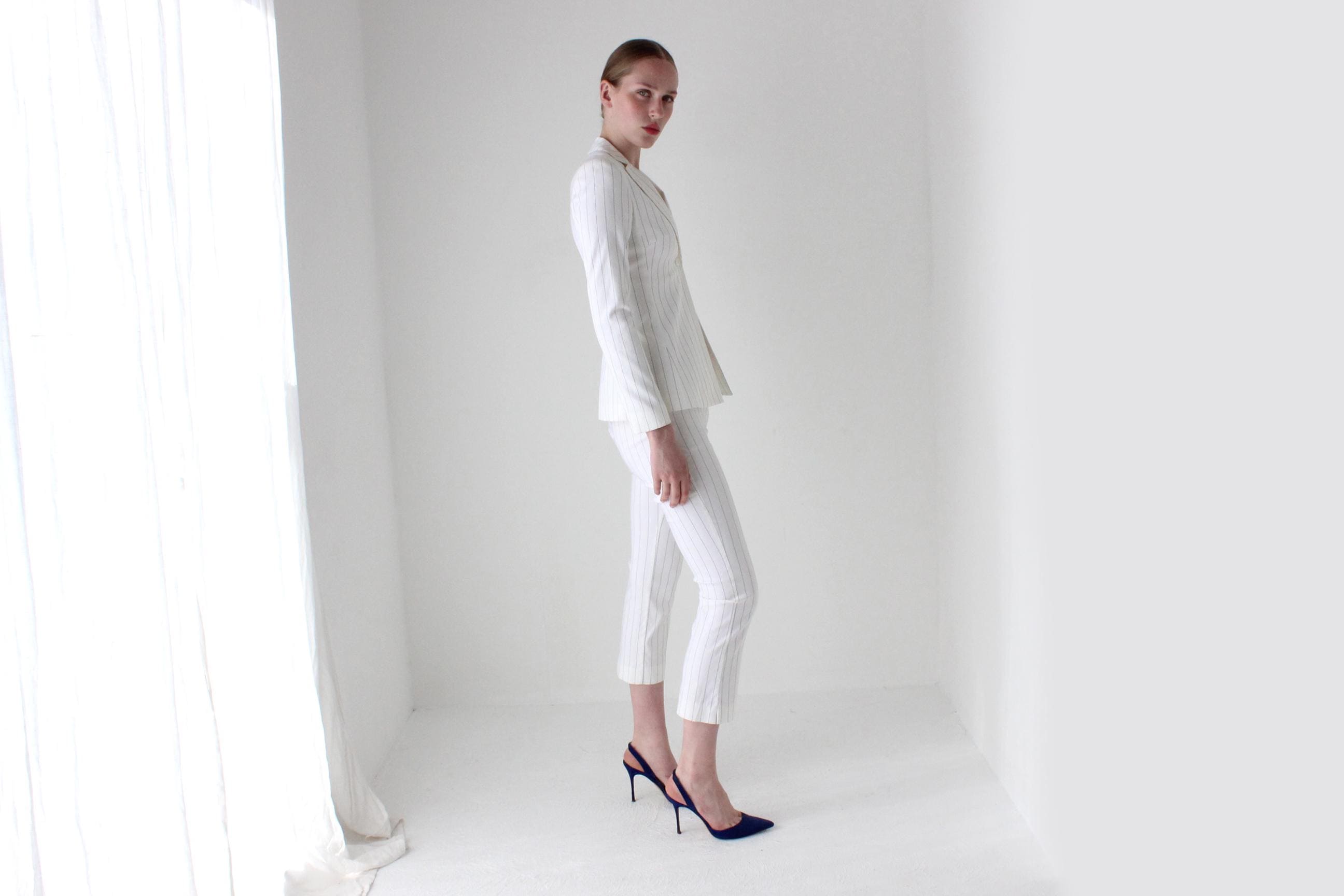 Y2K White Pinstripe Capri Pant Bridal Suit
