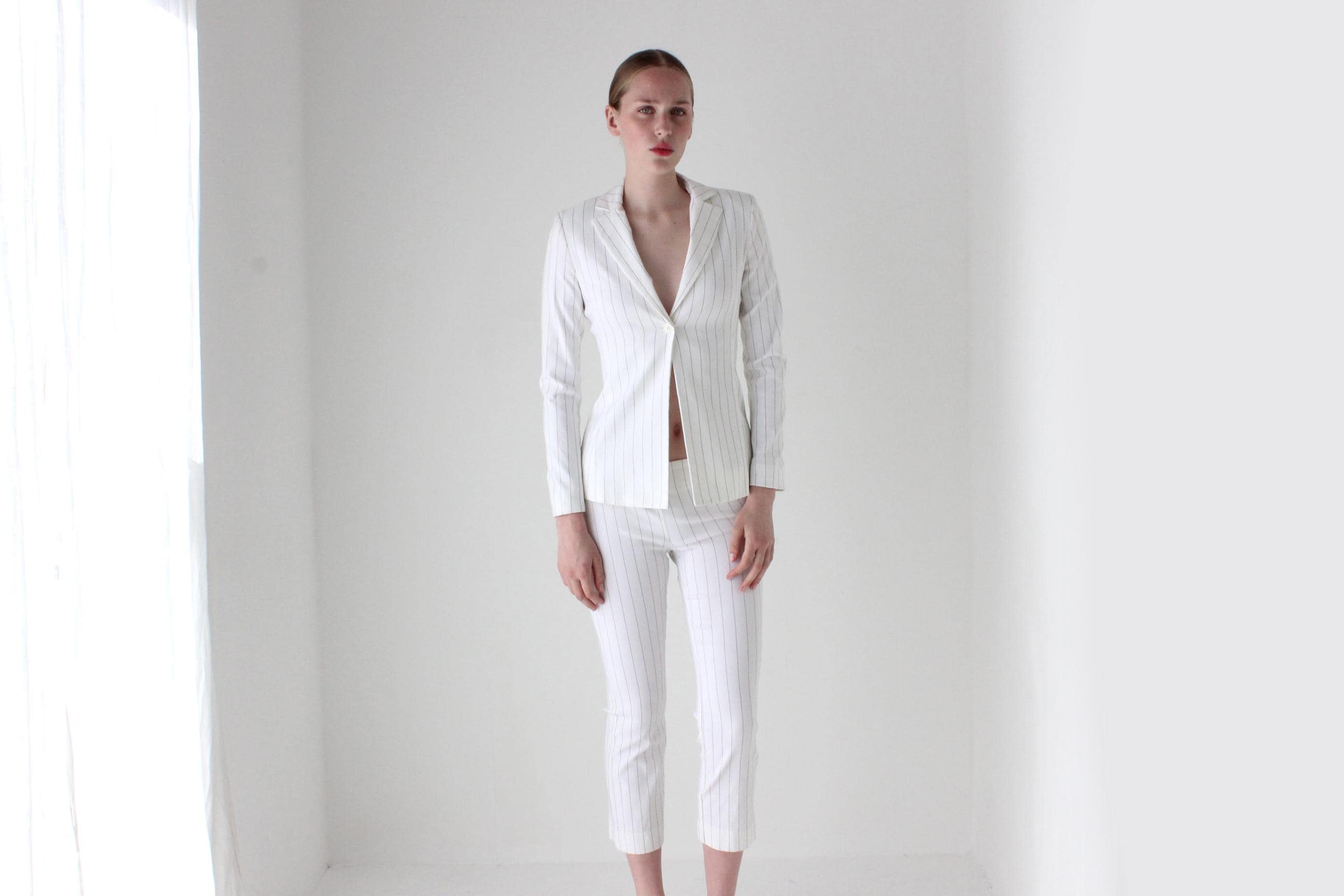 Y2K White Pinstripe Capri Pant Bridal Suit