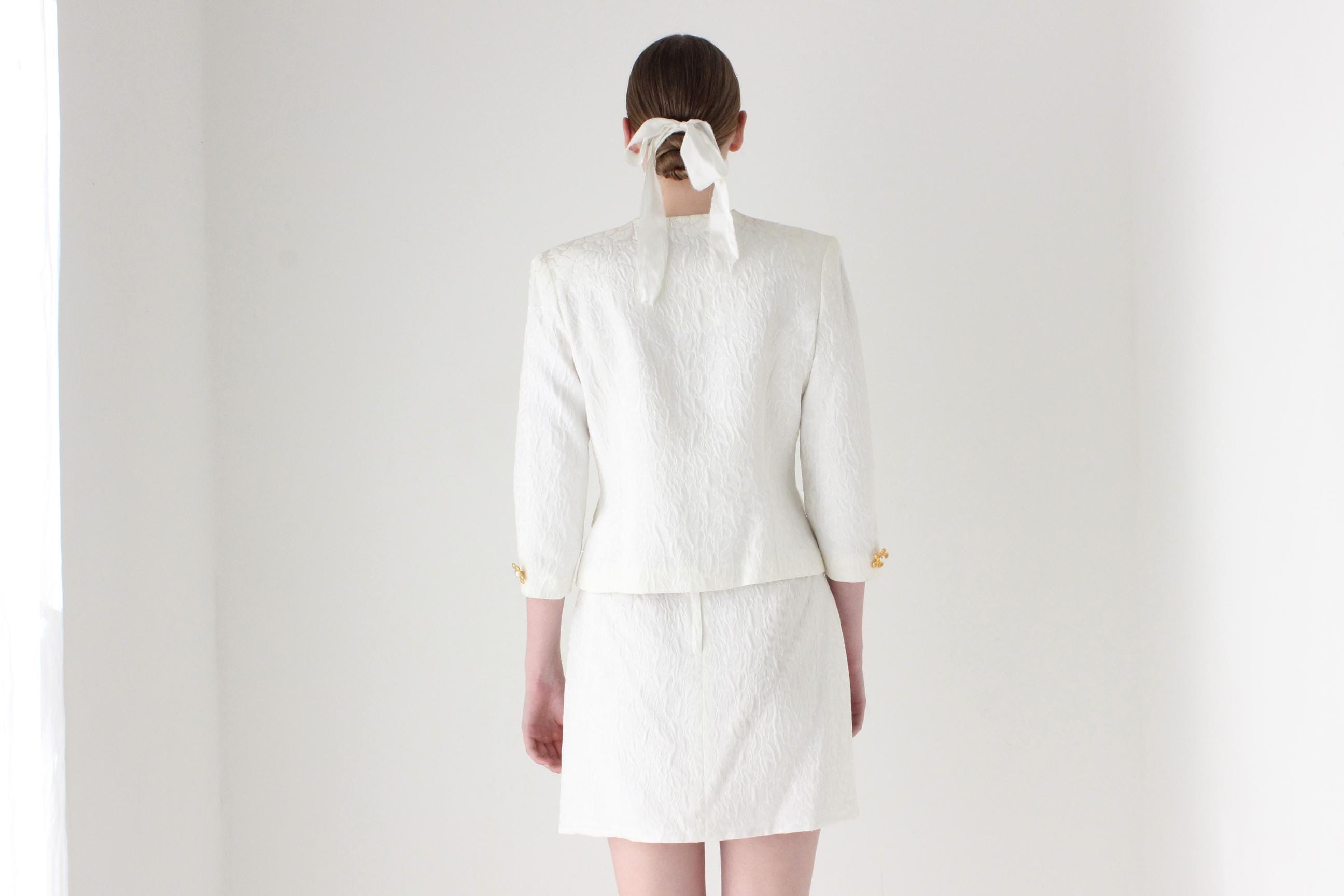 1990s Lisa Ho Bridal Mini Skirt Suit w/ Flower Blob Buttons