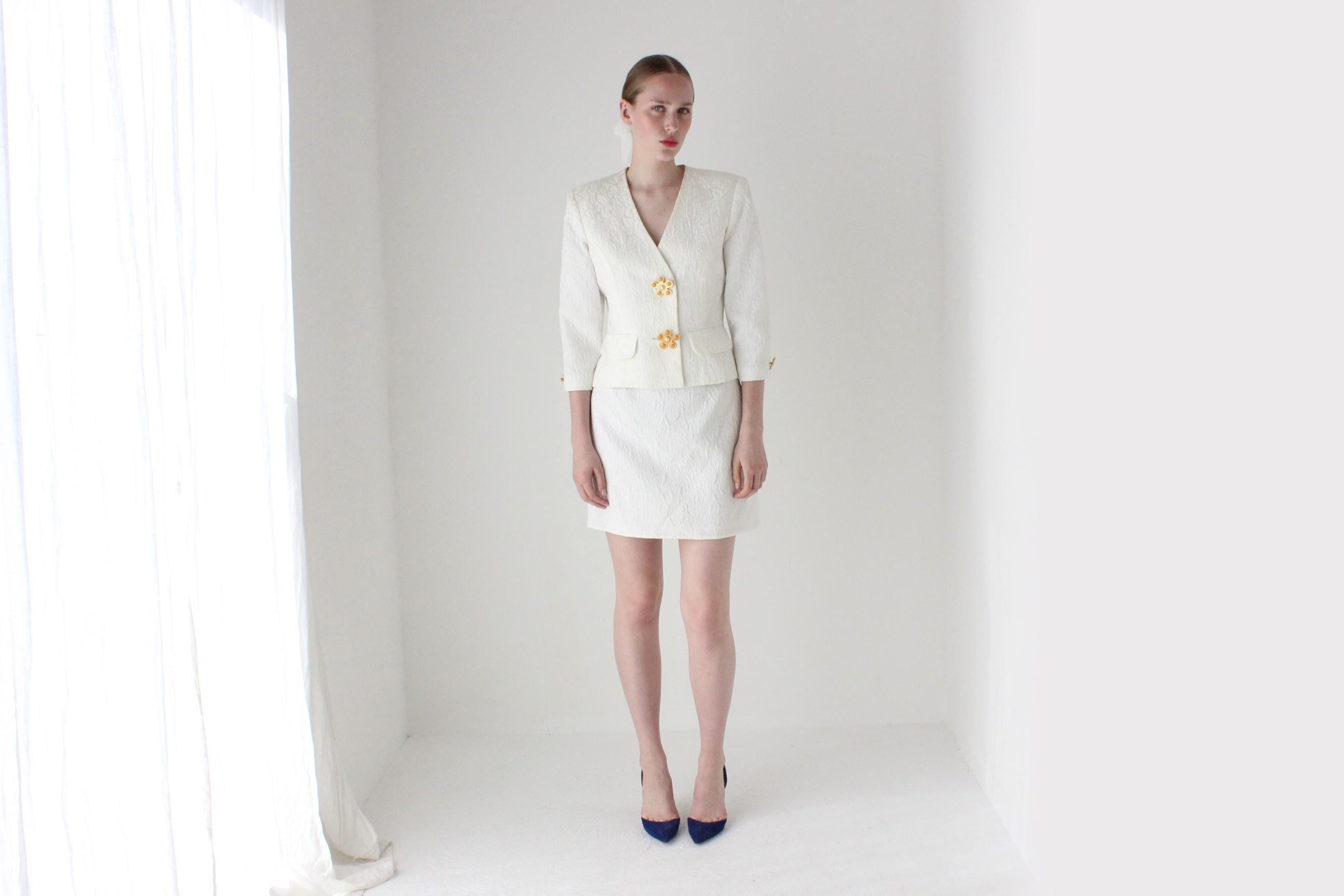1990s Lisa Ho Bridal Mini Skirt Suit w/ Flower Blob Buttons