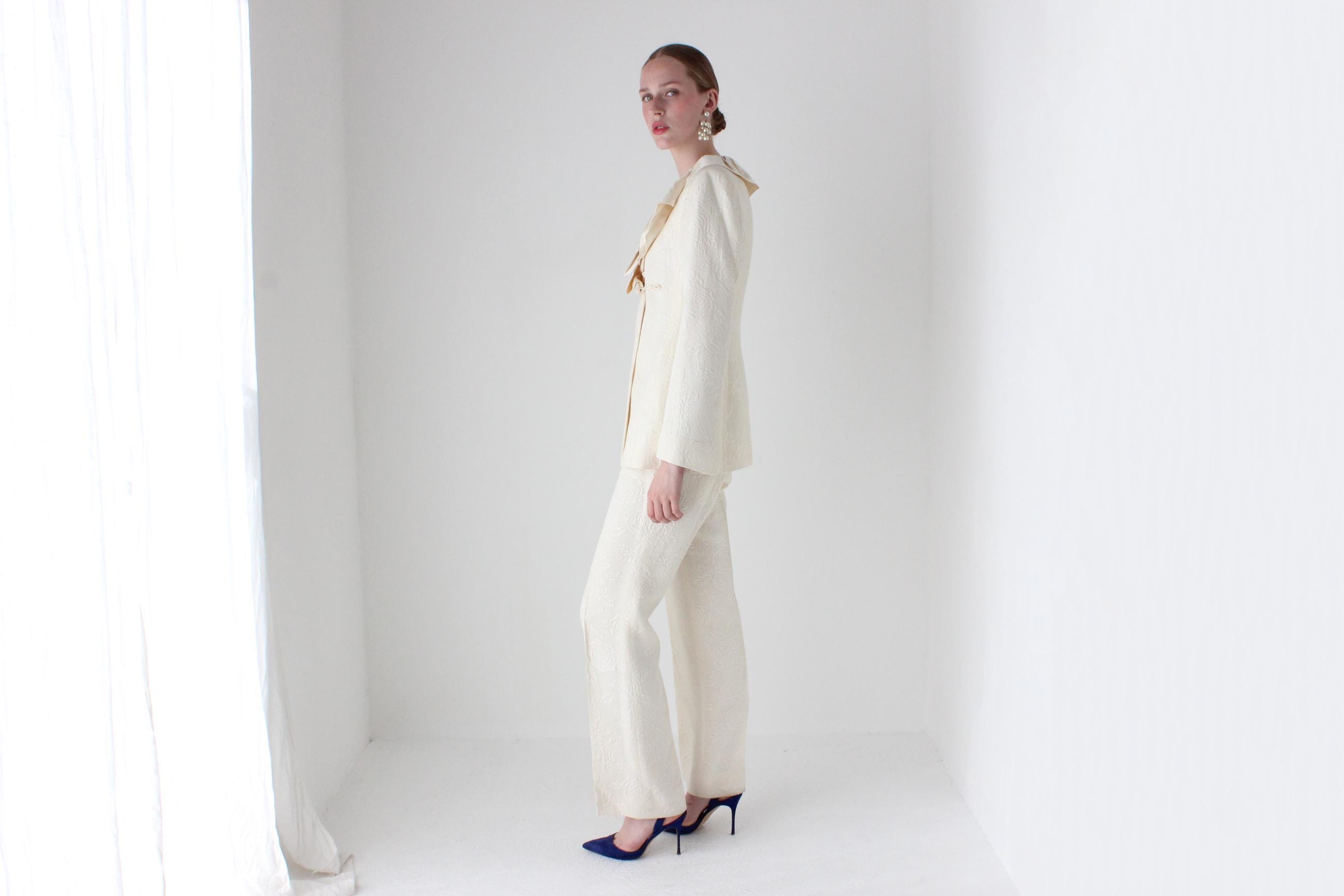 2000s Emmanuel Ungaro Wool & Silk Wedding Pant Suit w/ Harlequin Ruffle Collar