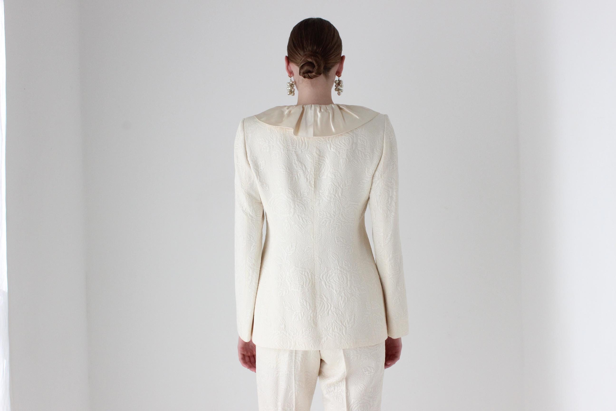 2000s Emmanuel Ungaro Wool & Silk Wedding Pant Suit w/ Harlequin Ruffle Collar