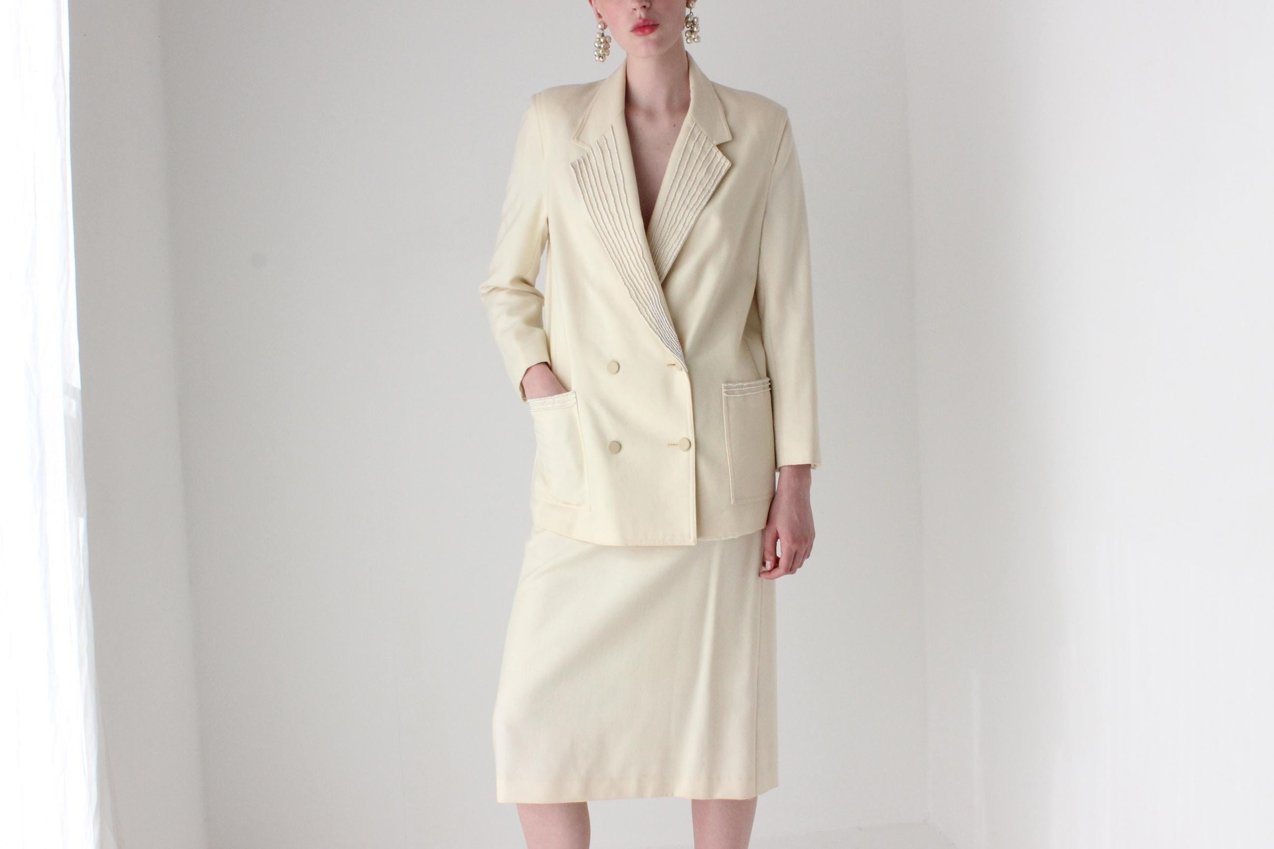 1980s Pure Wool Pearl Encrusted Bridal Skirt Suit