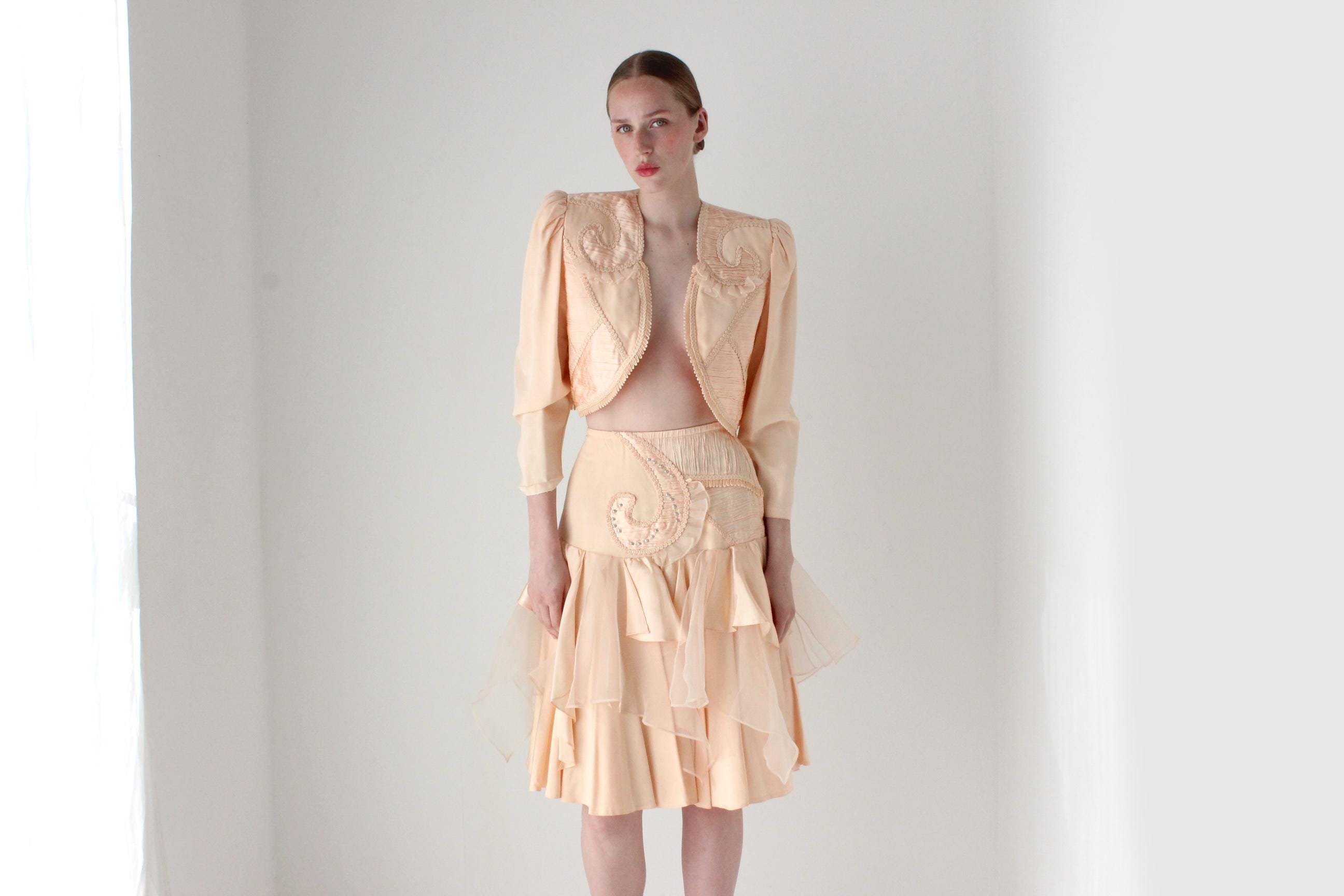 Outrageous 80s Peach Origami Ruffle Two Piece Skirt & Bolero Suit Set