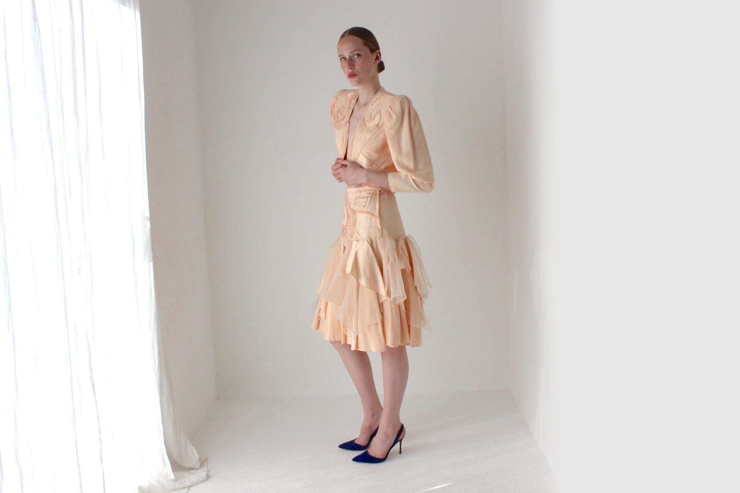 Outrageous 80s Peach Origami Ruffle Two Piece Skirt & Bolero Suit Set