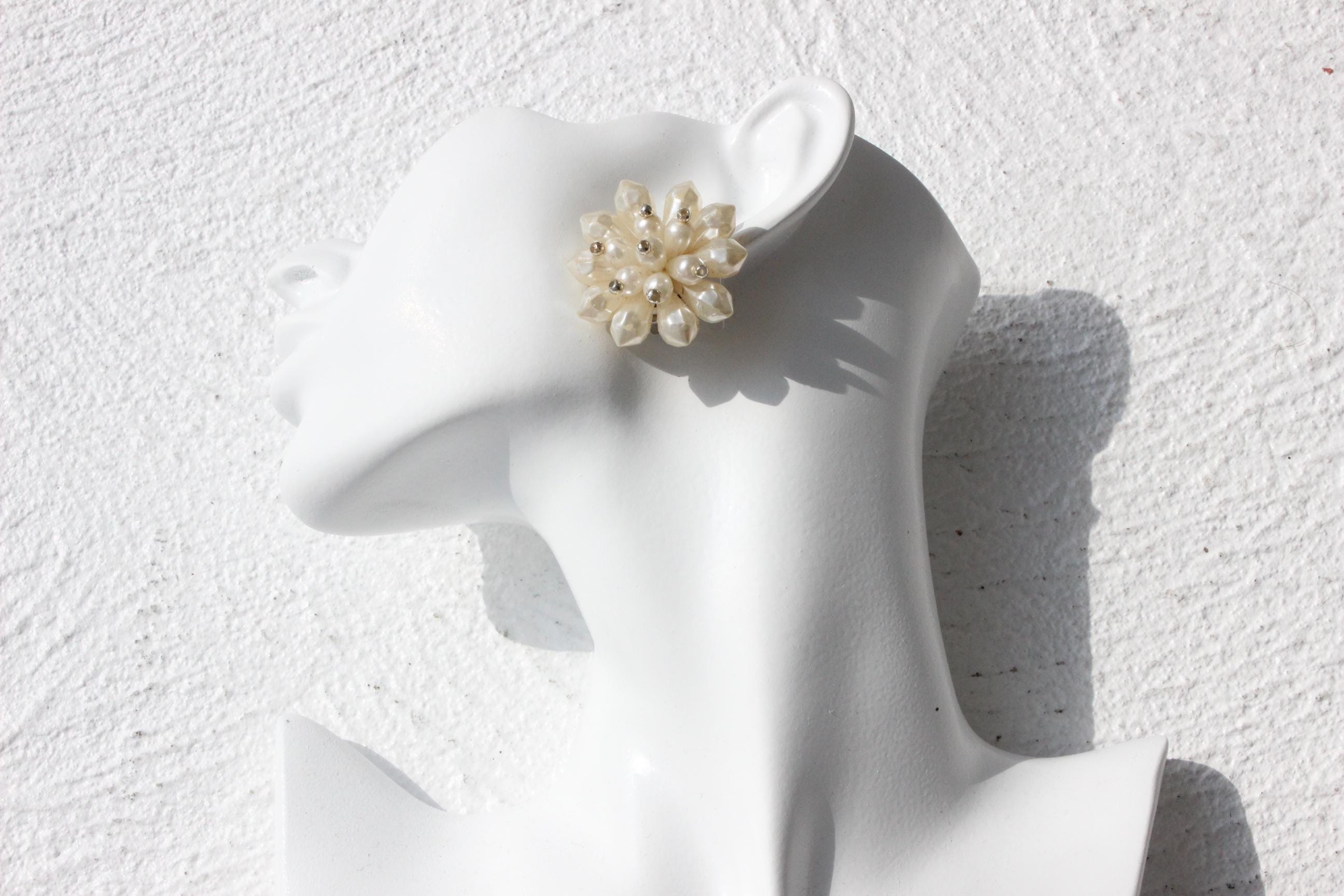 60s Baroque Pearl 'Flower' Cluster Clip On Wedding Earrings