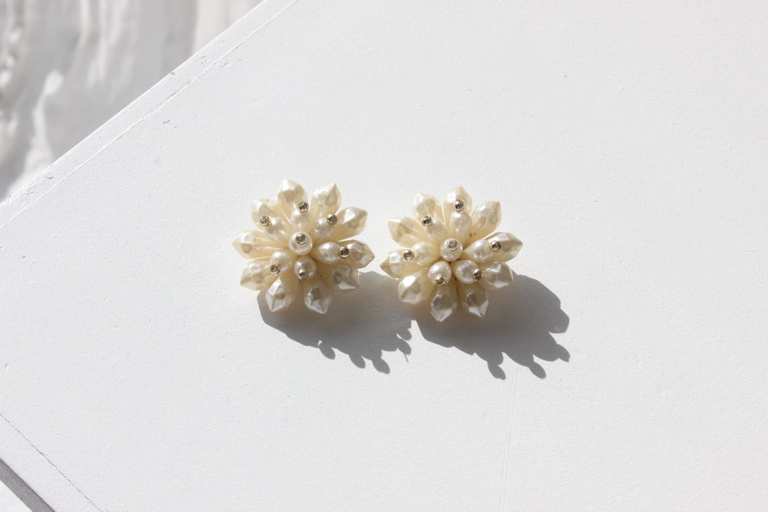 60s Baroque Pearl 'Flower' Cluster Clip On Wedding Earrings
