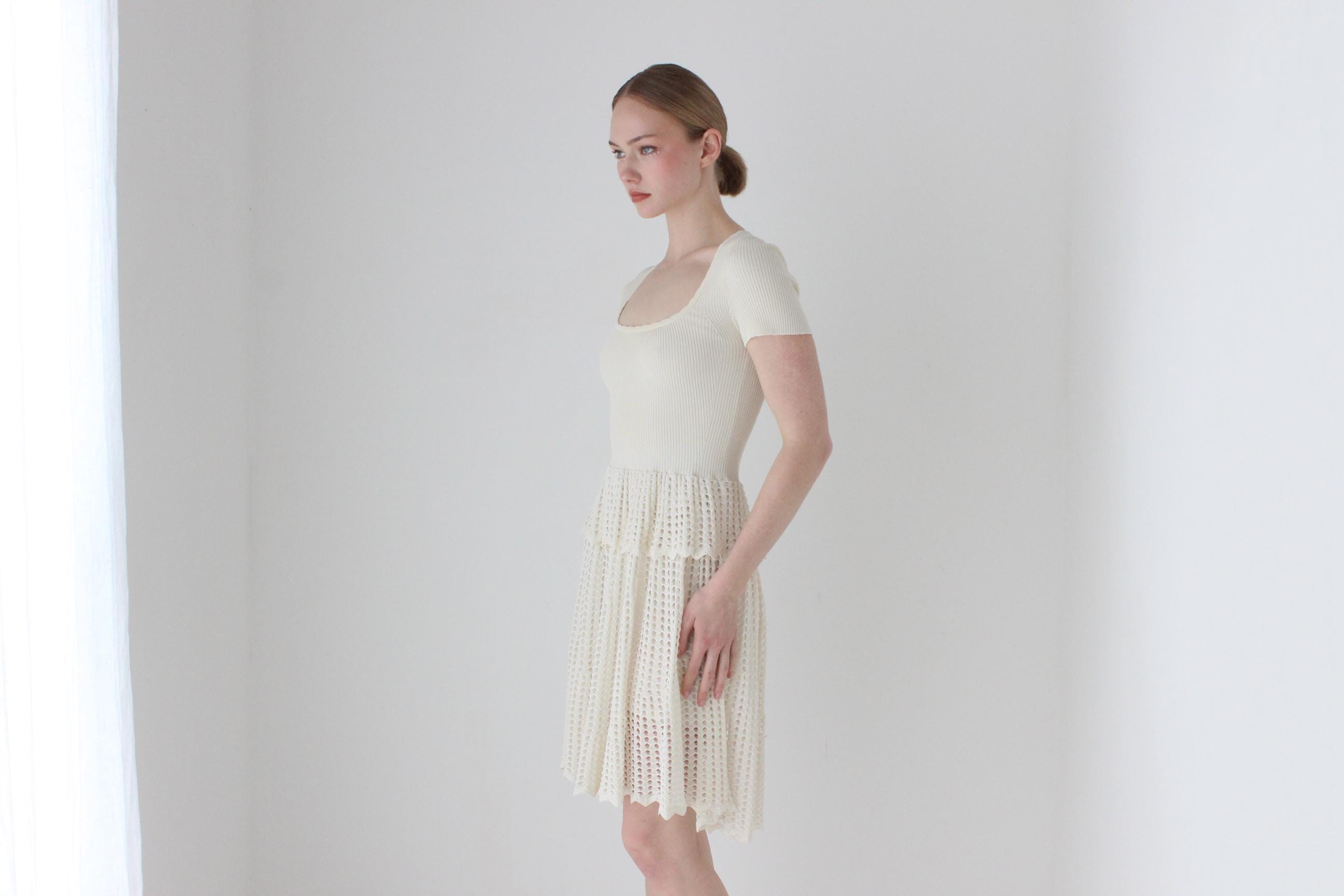 2000s Alexander McQueen Cream Knit Fitted Ruffle Bridal Mini