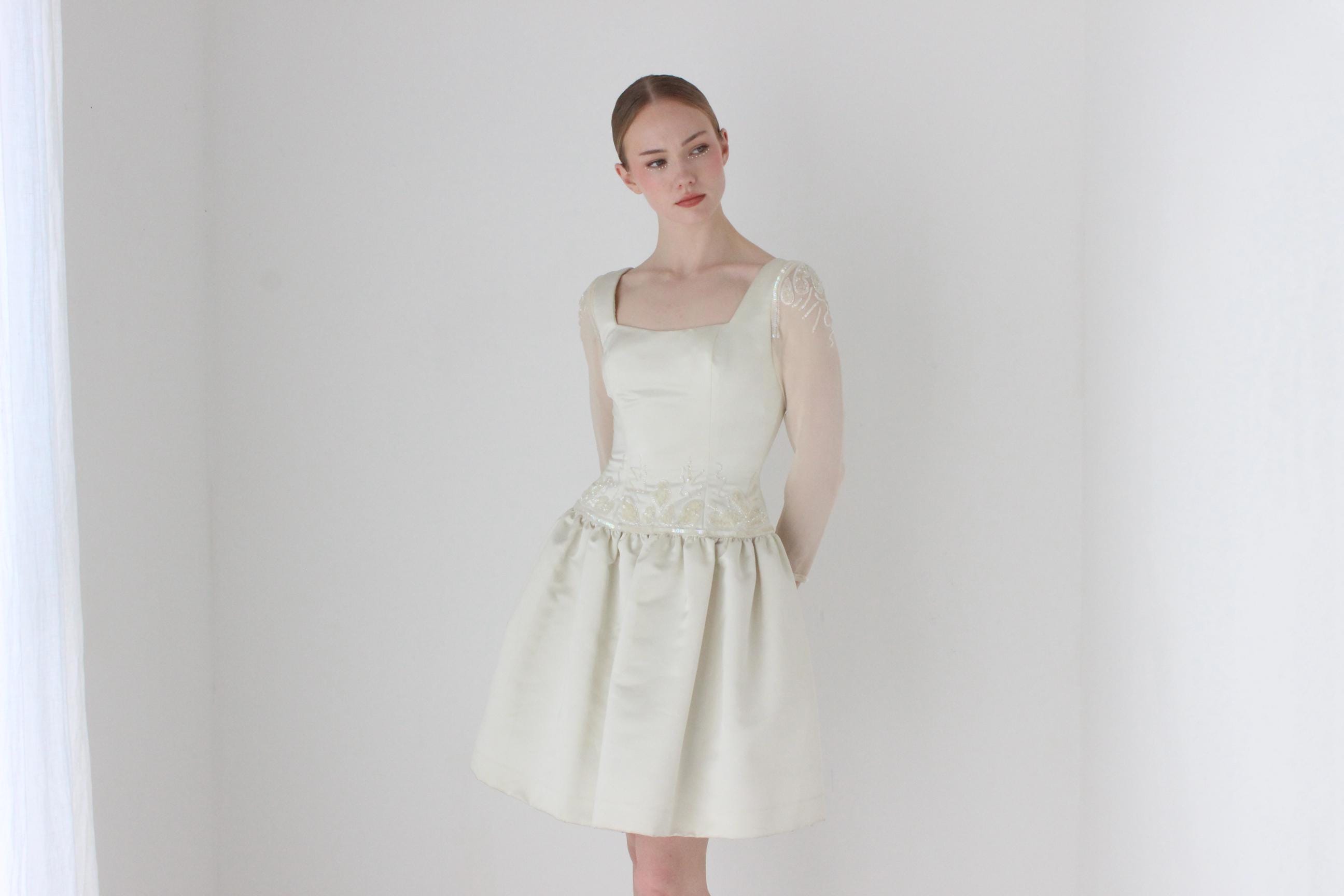 1980s 'Fabrice Silhouette' Duchess Satin Drop Waist Bridal Mini